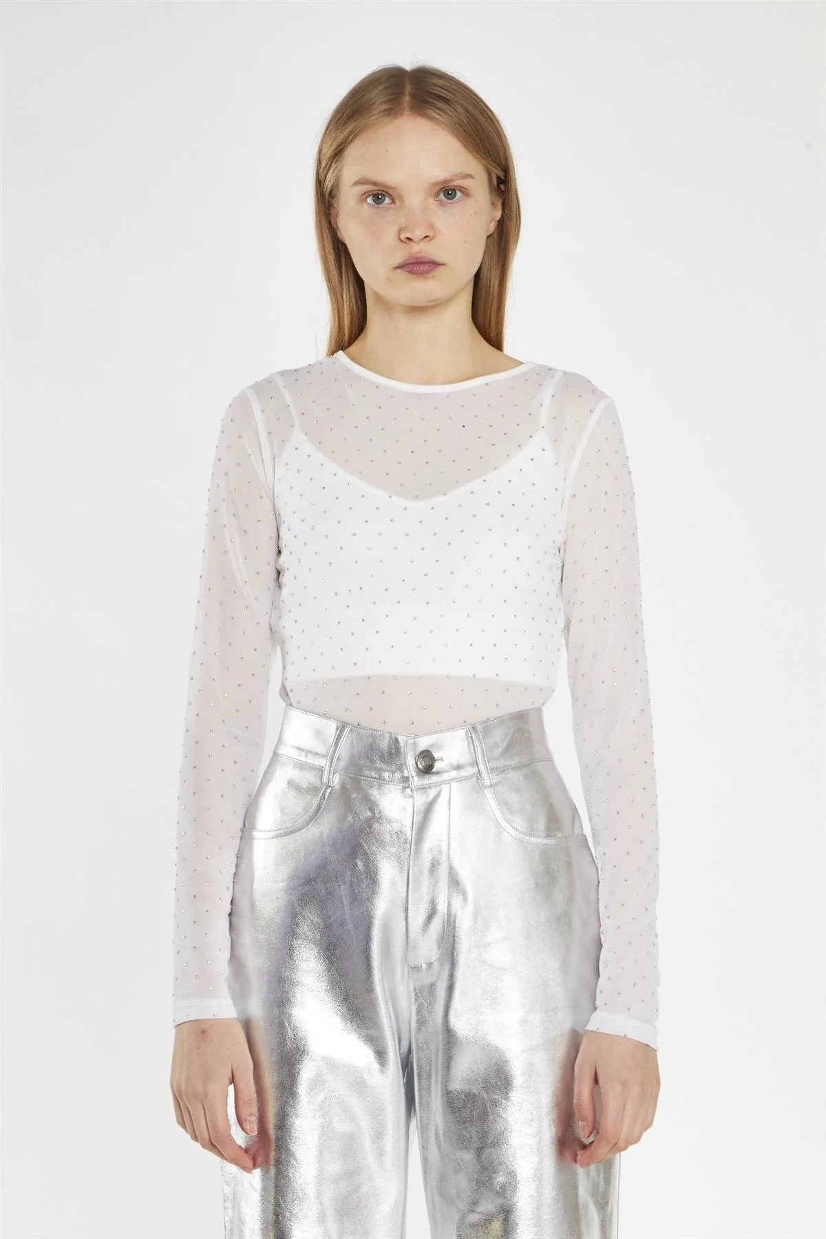 White Rhinestone-Mesh Bodysuit - Image 3