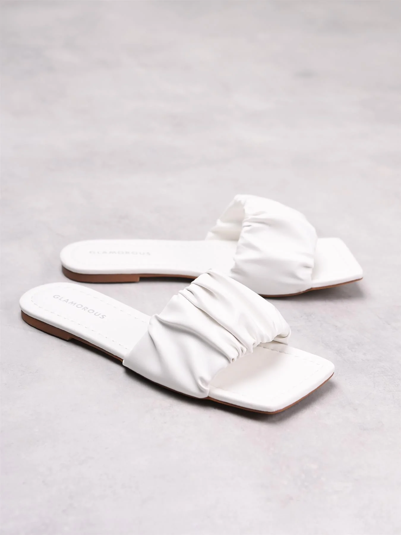 White Ruched Square Toe Sandals