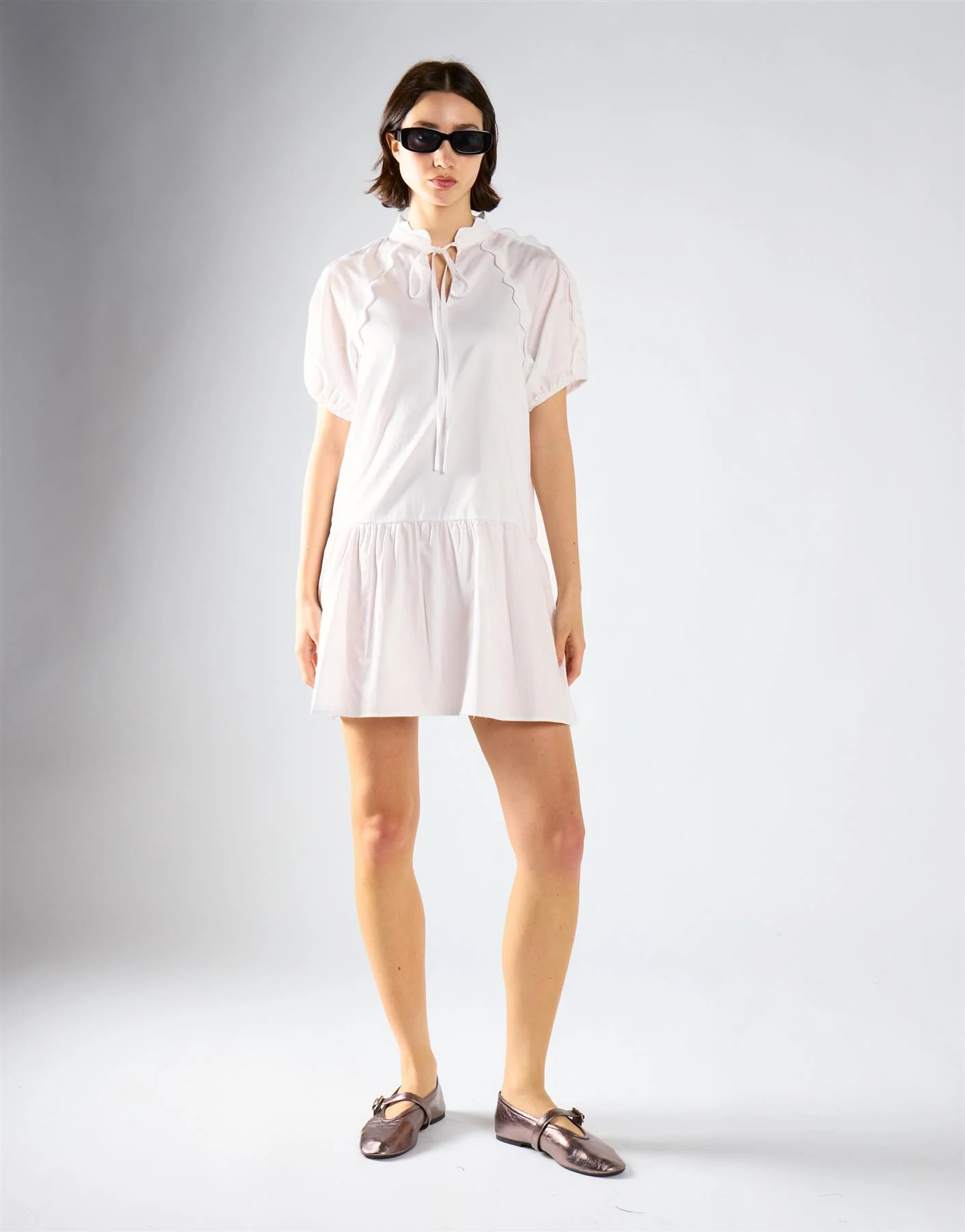 White Scalloped Trim Smock Dress