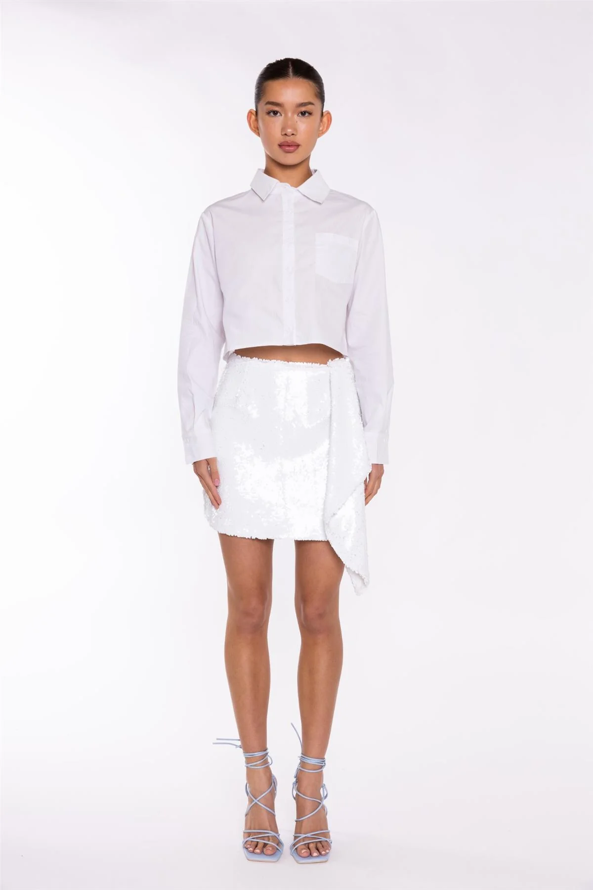 White-Sequin Asymmetric-Drape Mini-Skirt