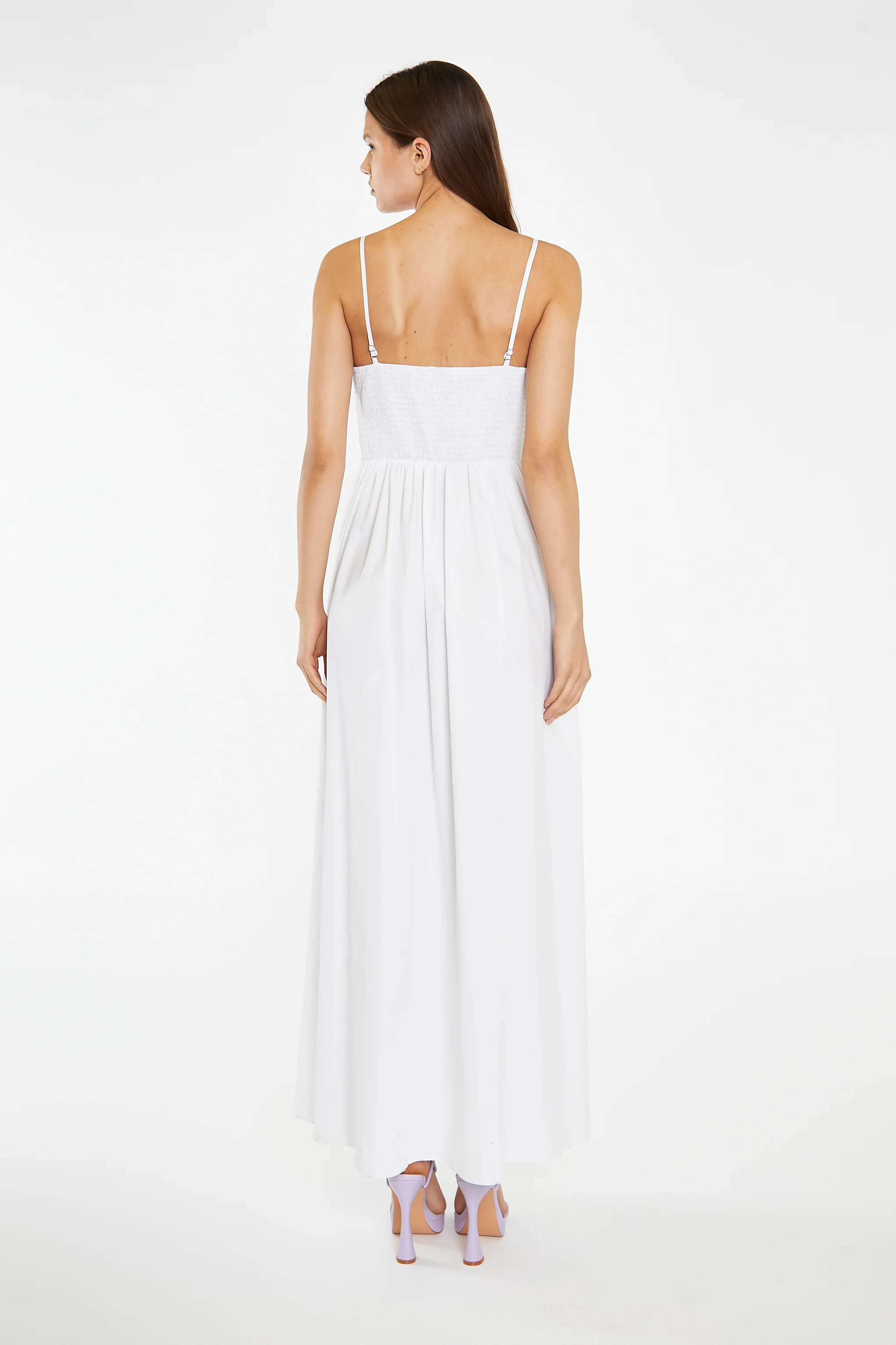 White Shirred Bodice Maxi-Dress - Image 2
