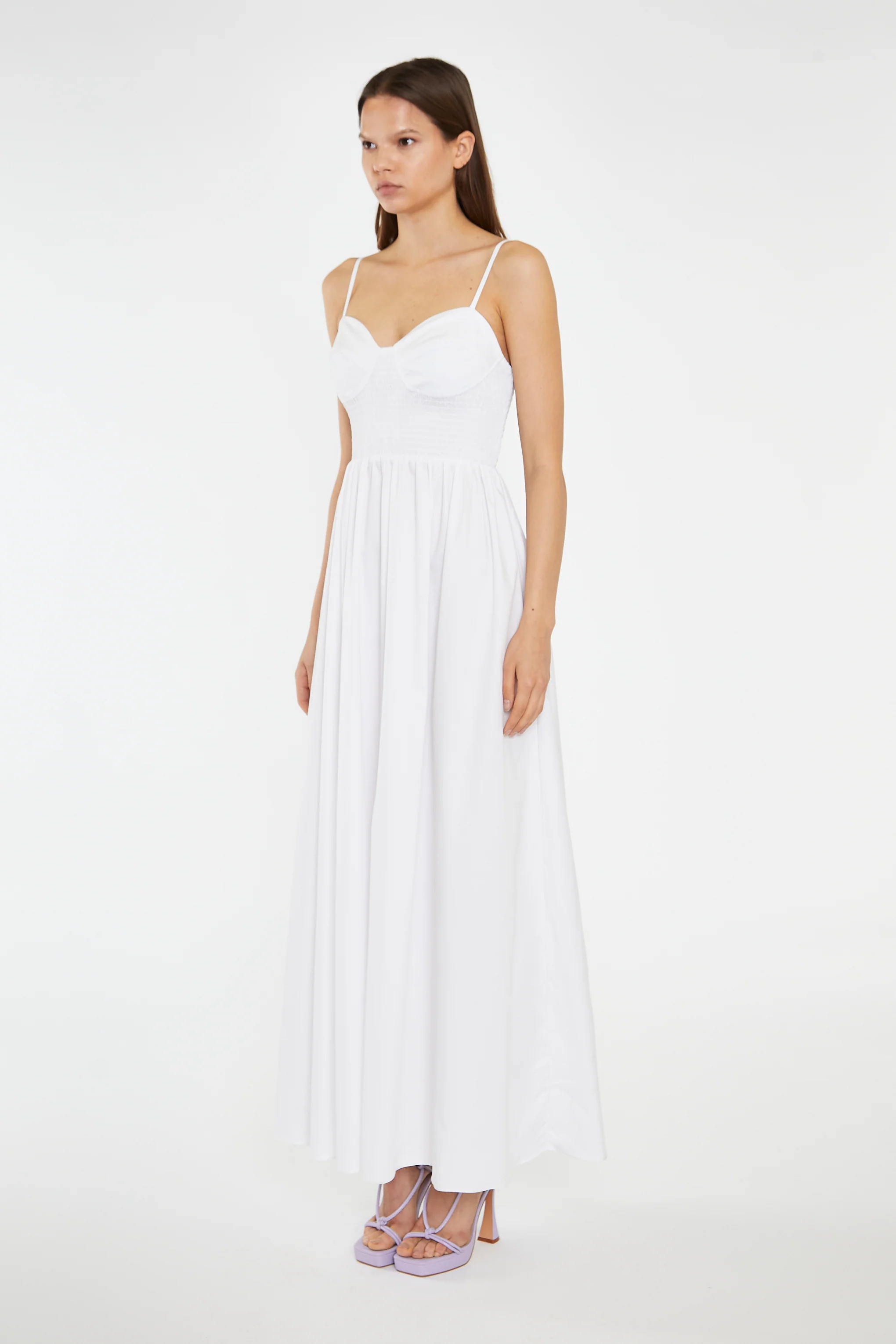 White Shirred Bodice Maxi-Dress - Image 4