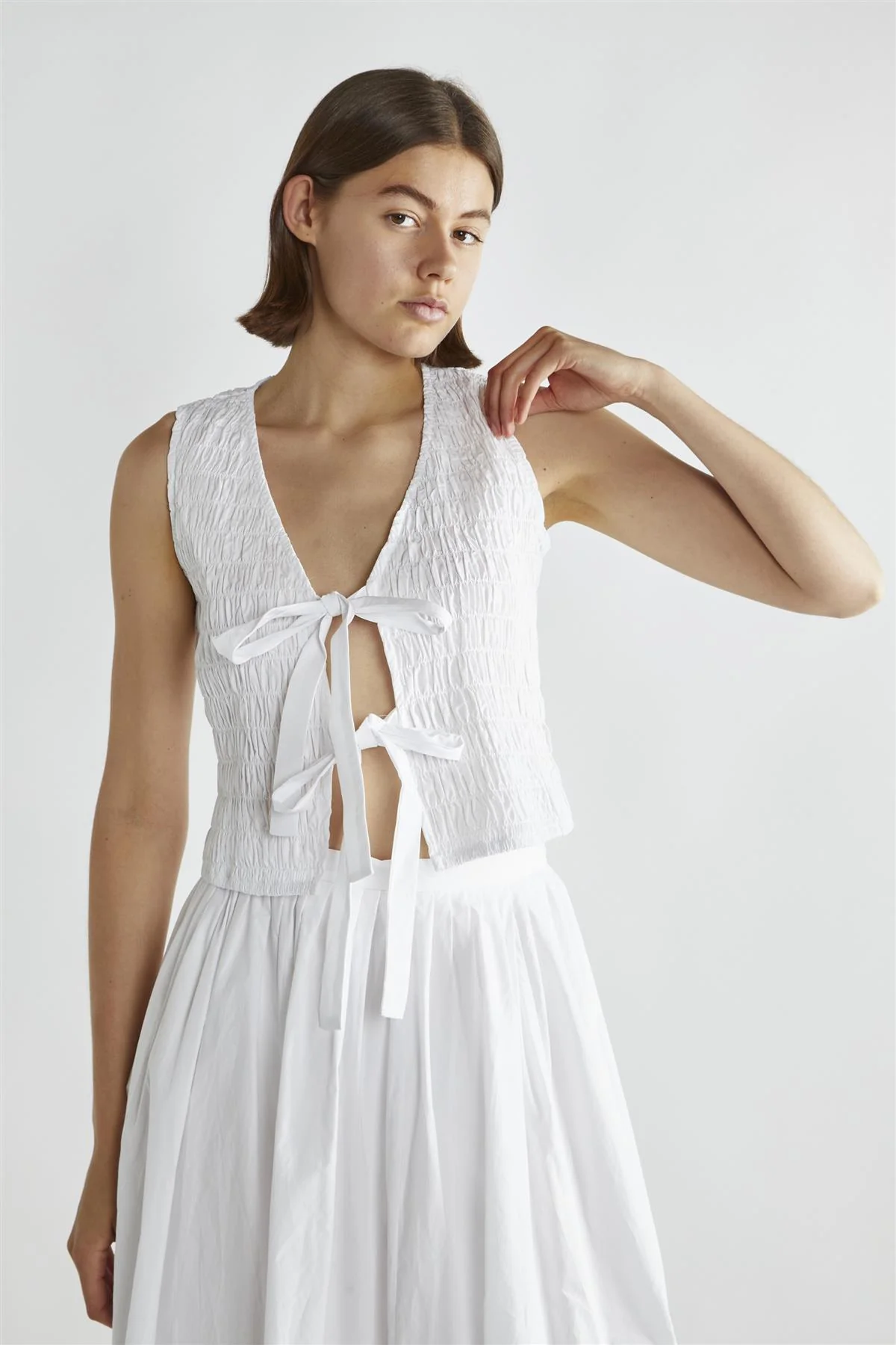 White Shirred Tie-Front Top - Image 3