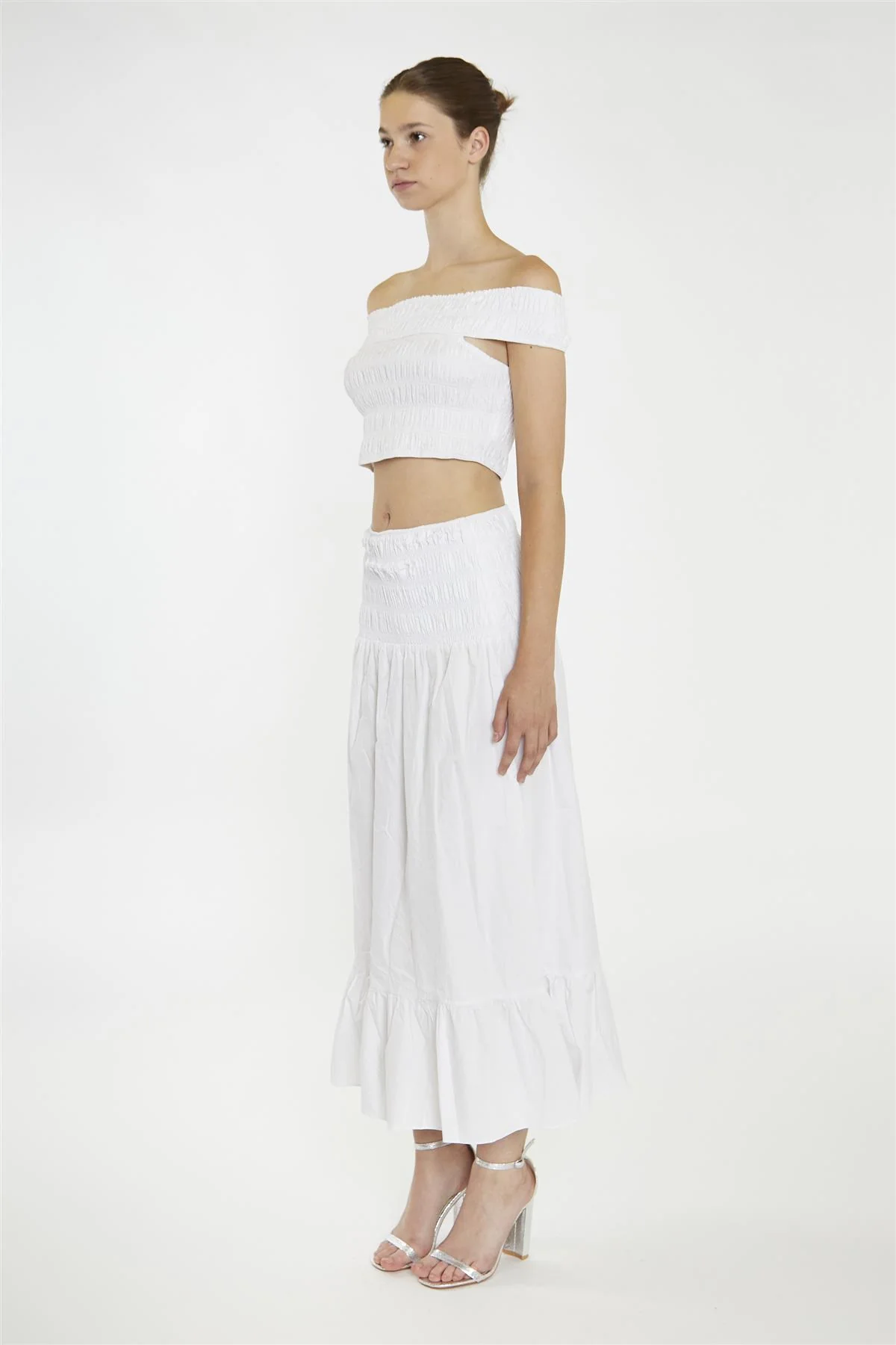White Shirred-Waist Maxi-Skirt - Image 4