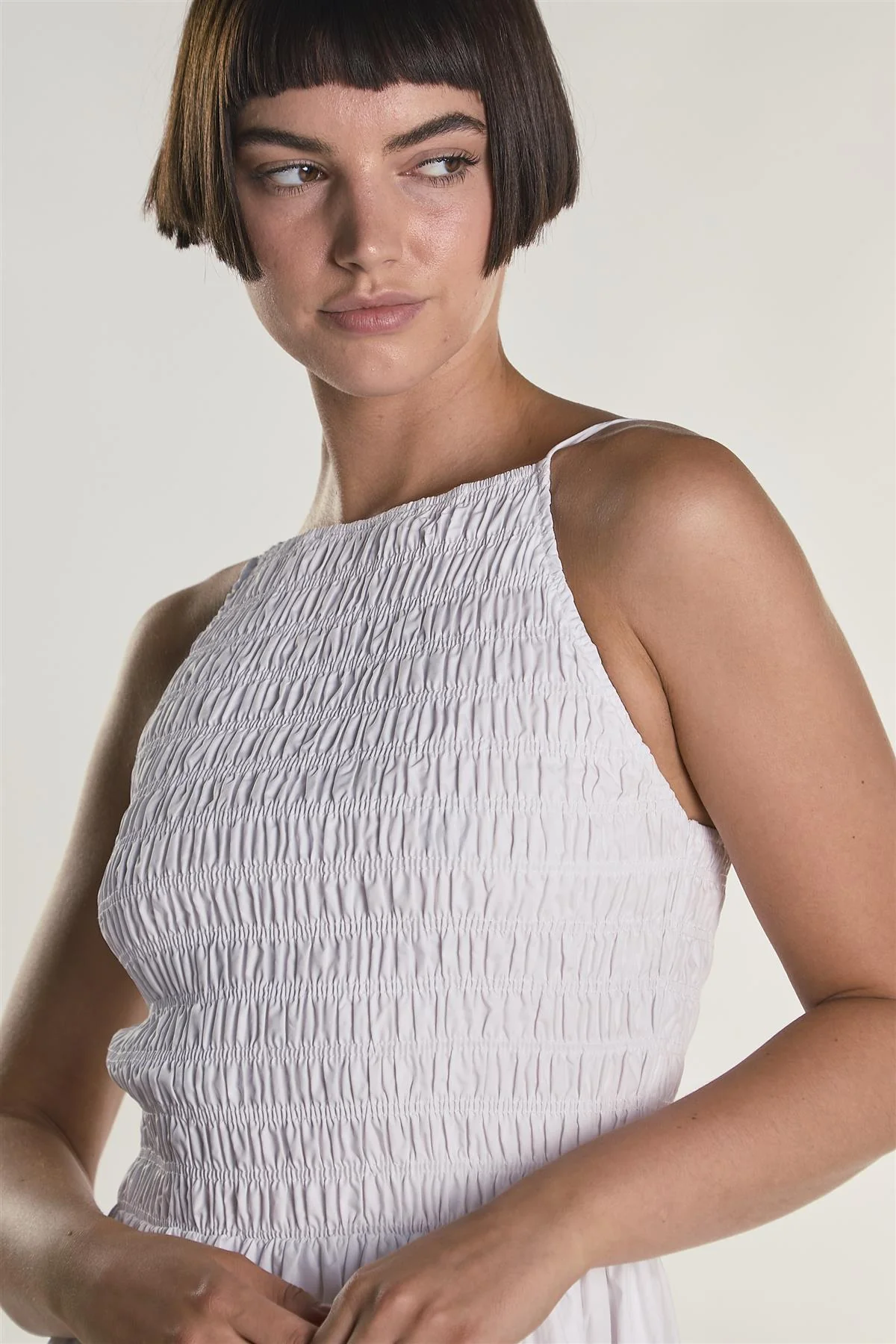 White Shirring Body Boat Neck Maxi Dress - Image 3