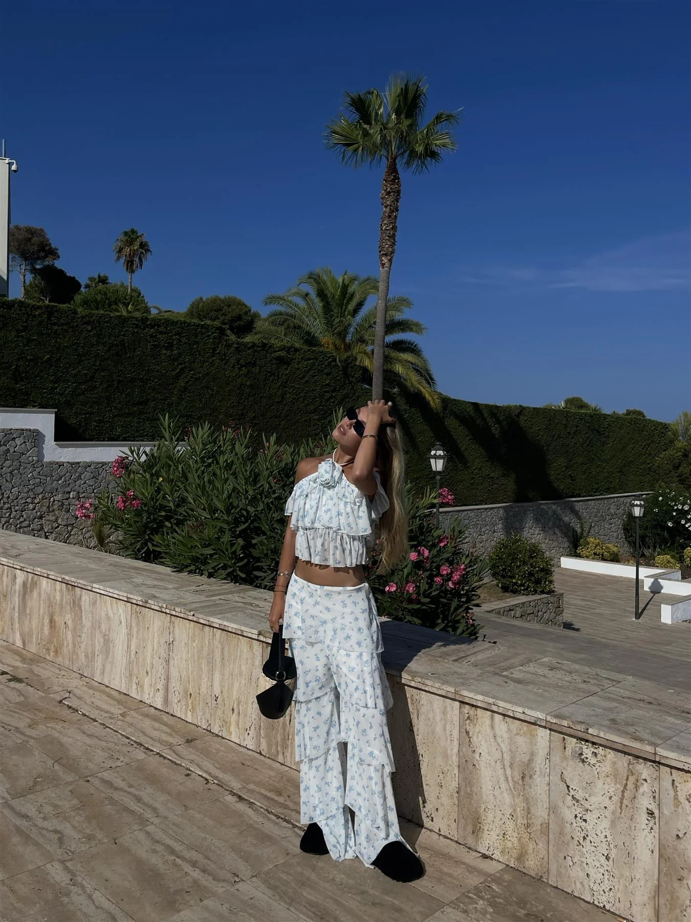 White Sky Blue Ditsy Ruffle Mid-Rise-Trousers - Image 3