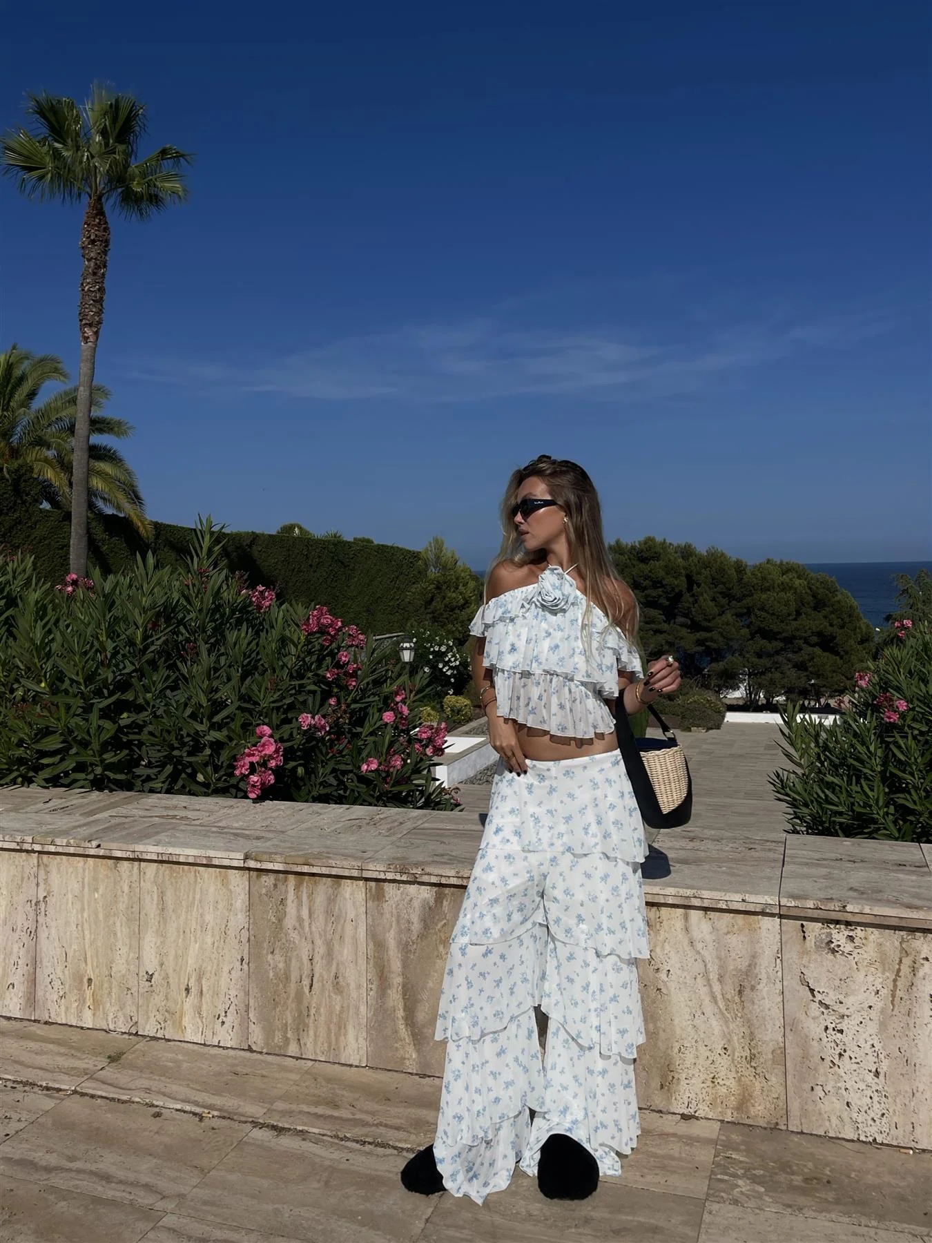 White Sky Blue Ditsy Ruffle Mid-Rise-Trousers - Image 4