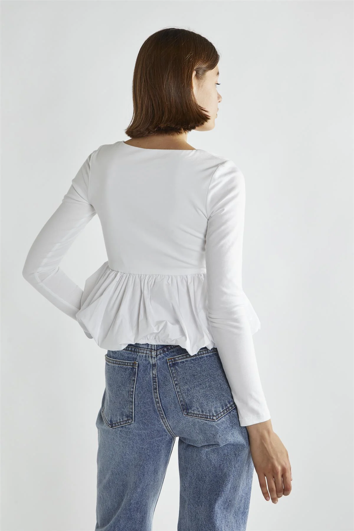White Square-Neck Puff-Peplum Top - Image 2