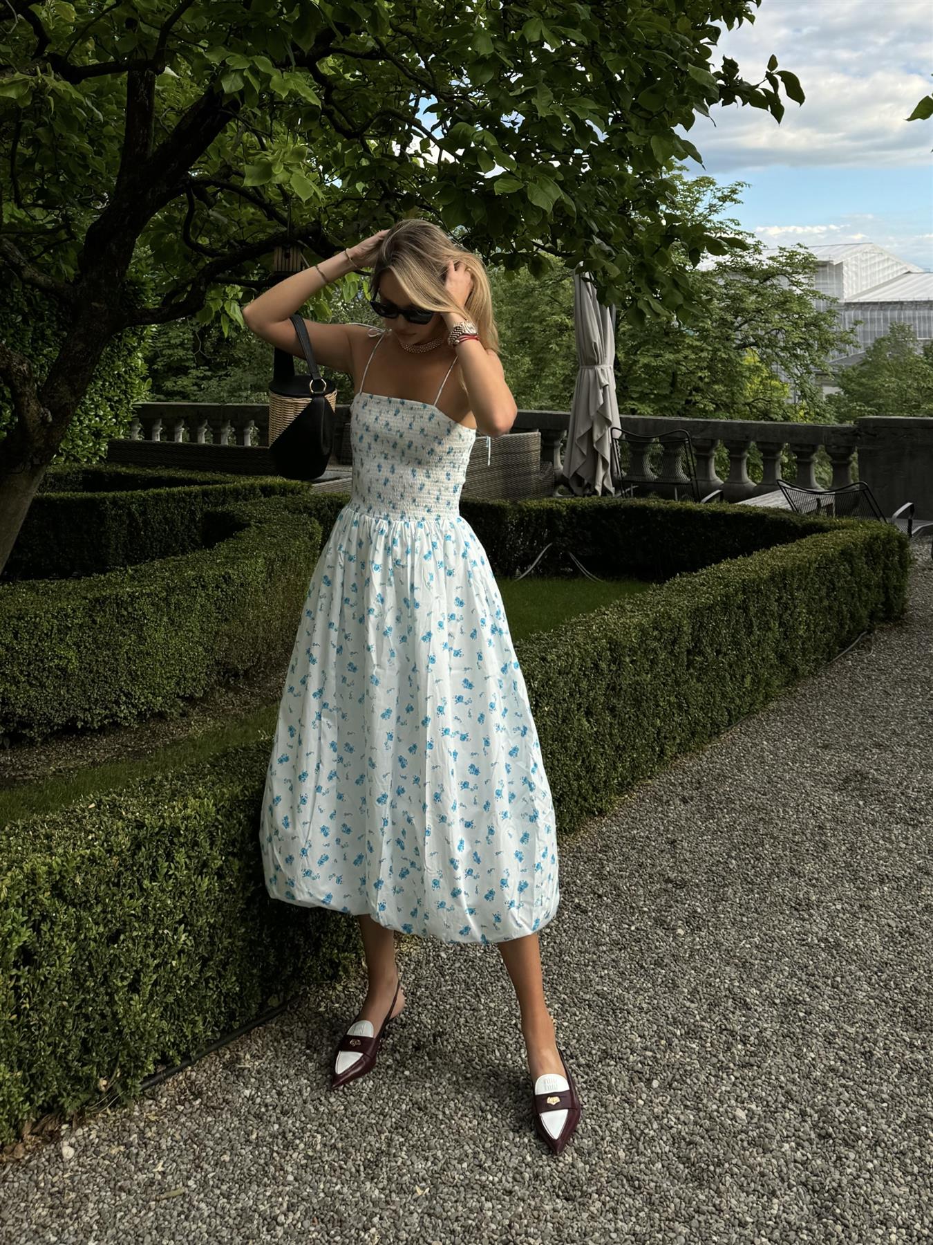 White Teal Blue Ditsy Spaghetti Strap Midi Dress