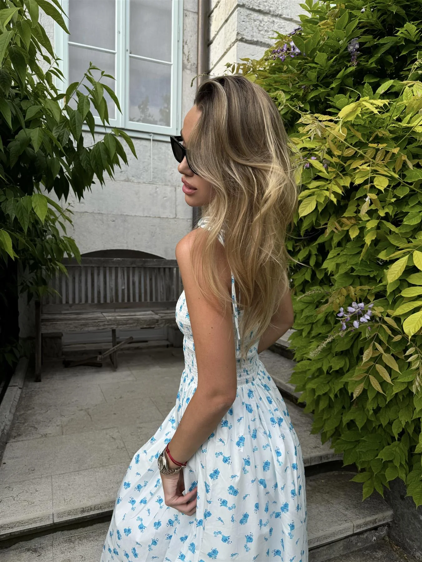White Teal Blue Ditsy Spaghetti Strap Midi Dress - Image 2