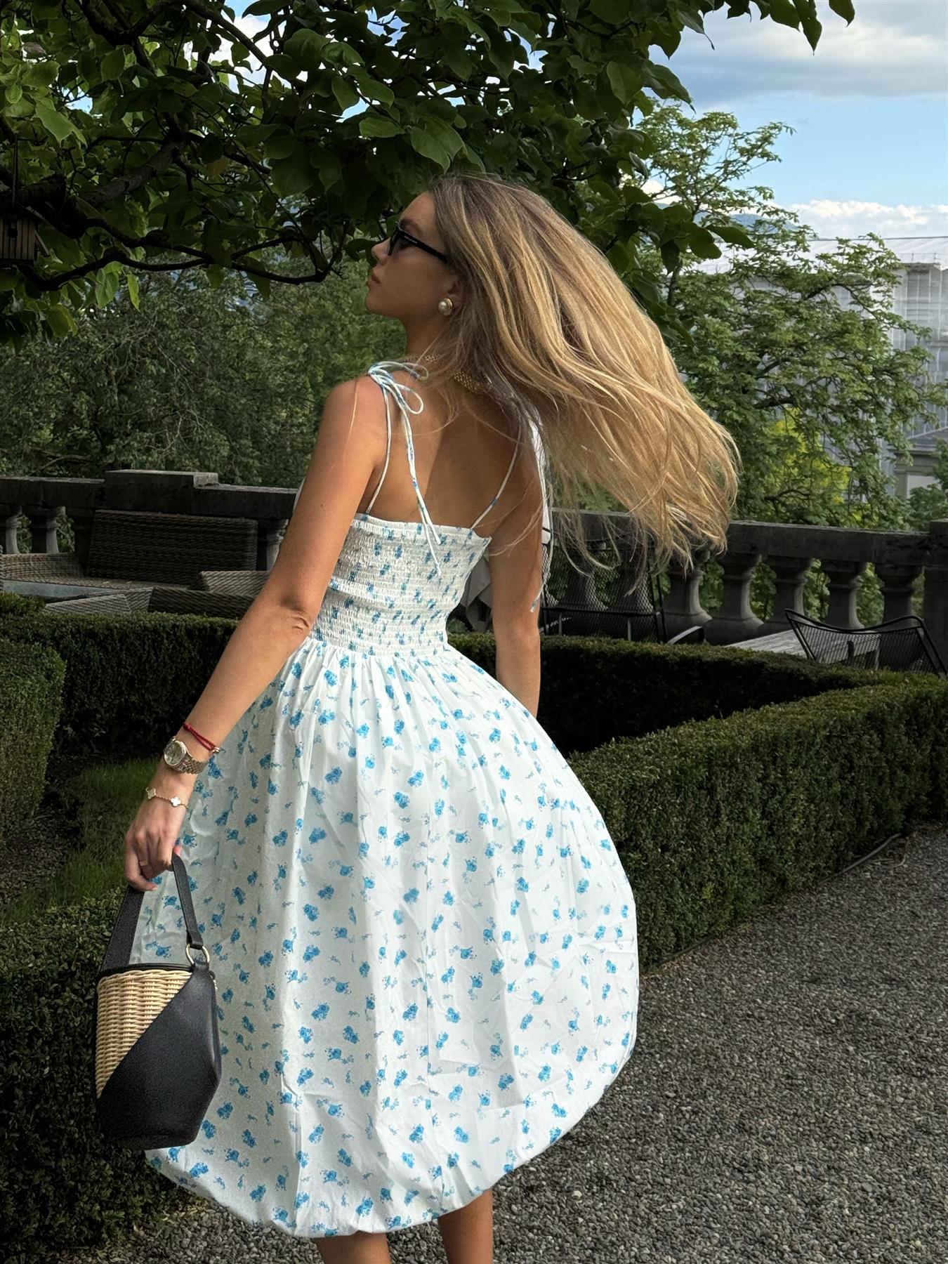 White Teal Blue Ditsy Spaghetti Strap Midi Dress - Image 3
