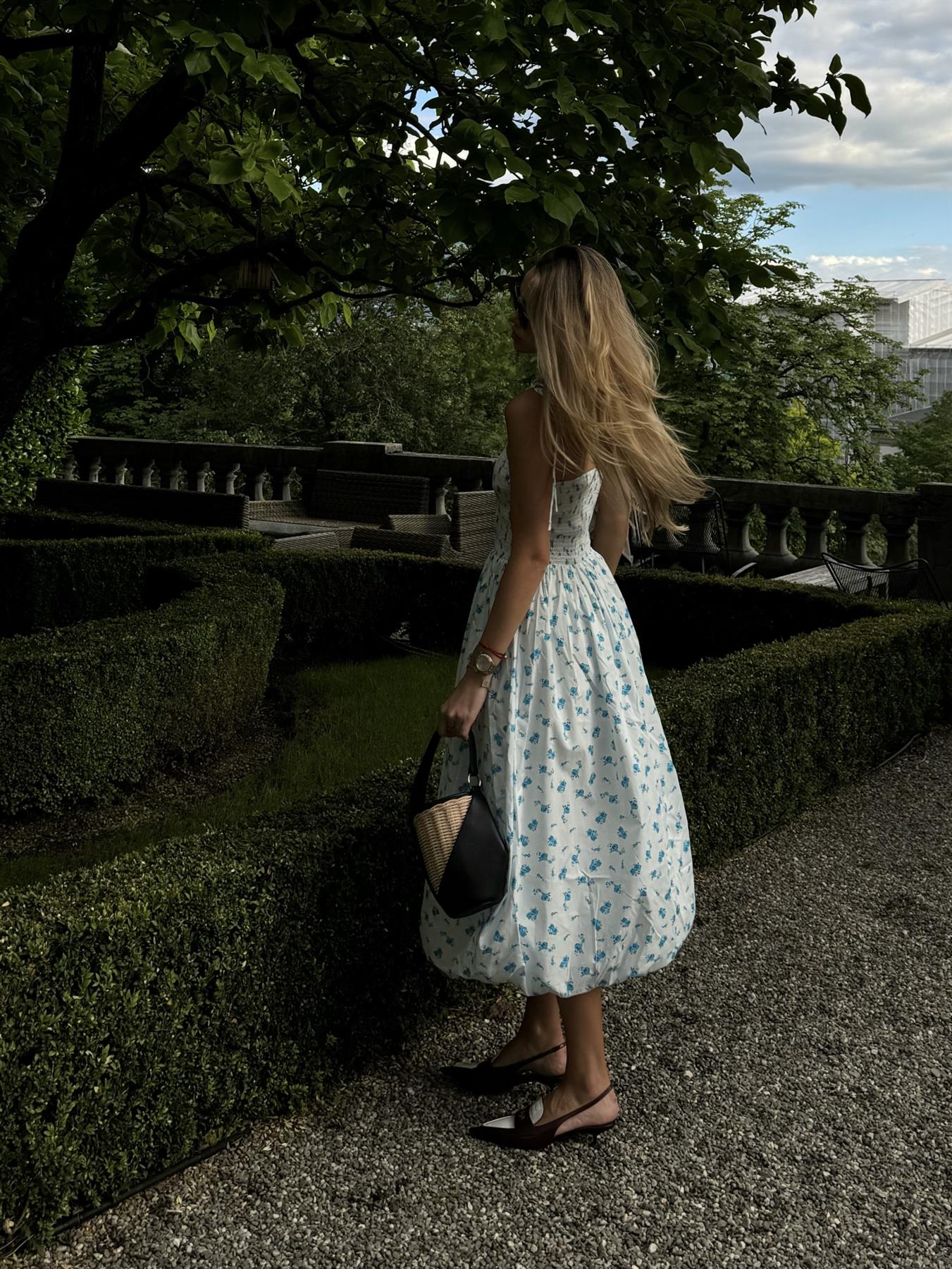 White Teal Blue Ditsy Spaghetti Strap Midi Dress - Image 4