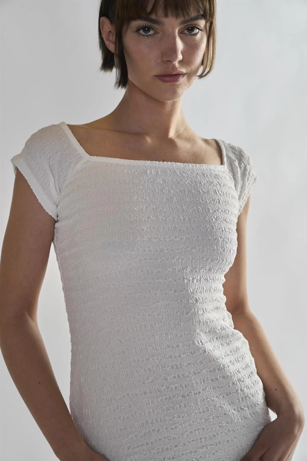 White-Textured Shirred Mini-Dress - Image 4
