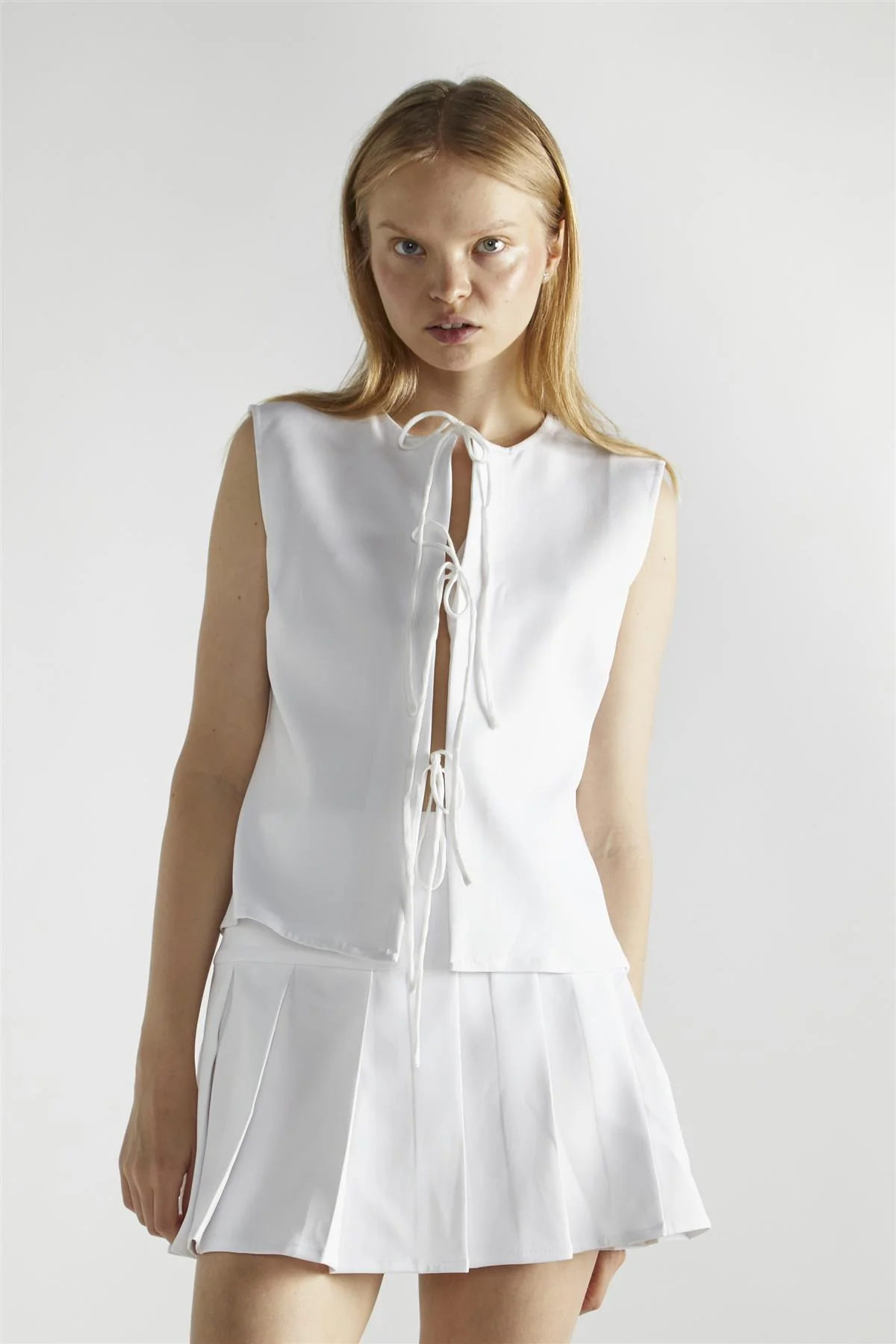 White Tie Front Sleeveless-Top - Image 3