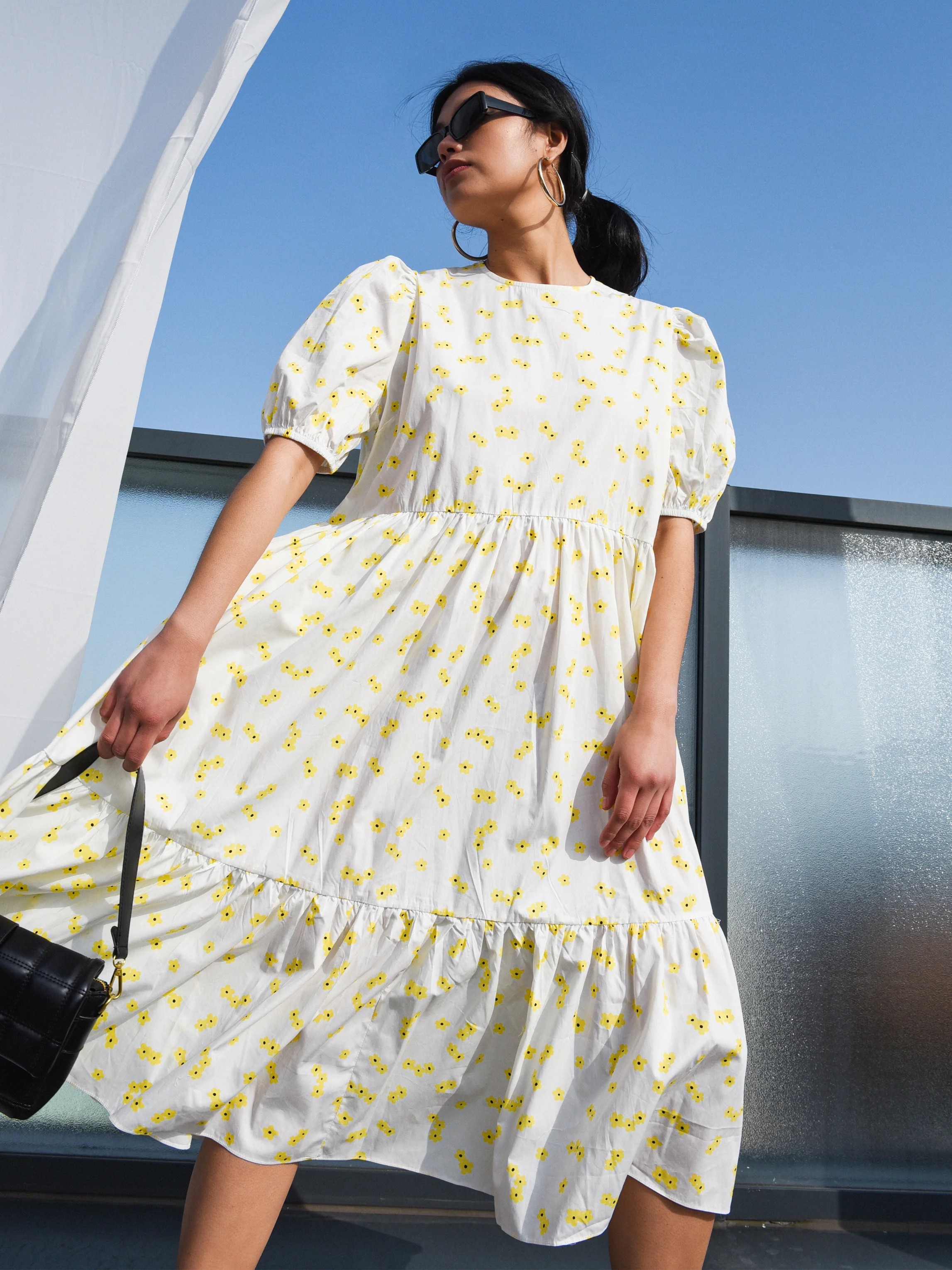 Glamorous White Yellow Flower Midi Dress - Image 3