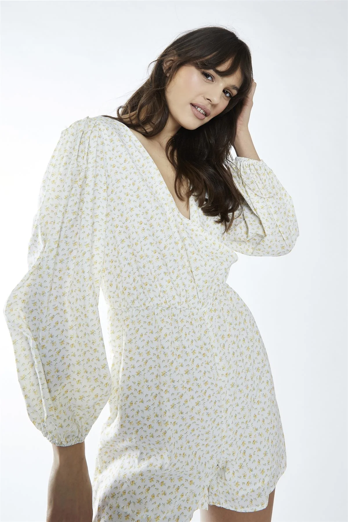 White-Yellow Mini Ditsy Cinched-Waist Long Sleeve-Playsuit - Image 4