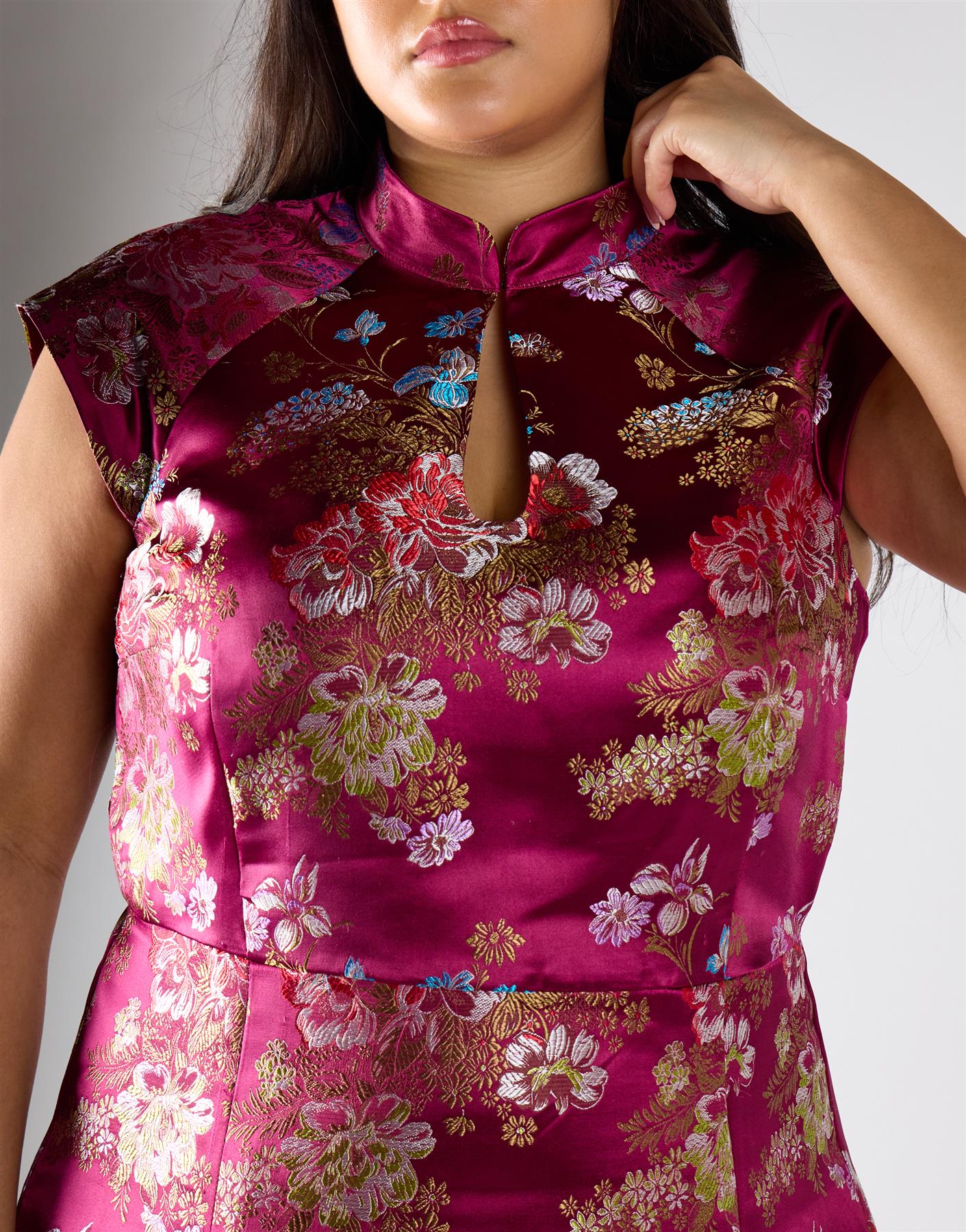 Wine Brocade Pleated Skirt Mini Dress - Image 3
