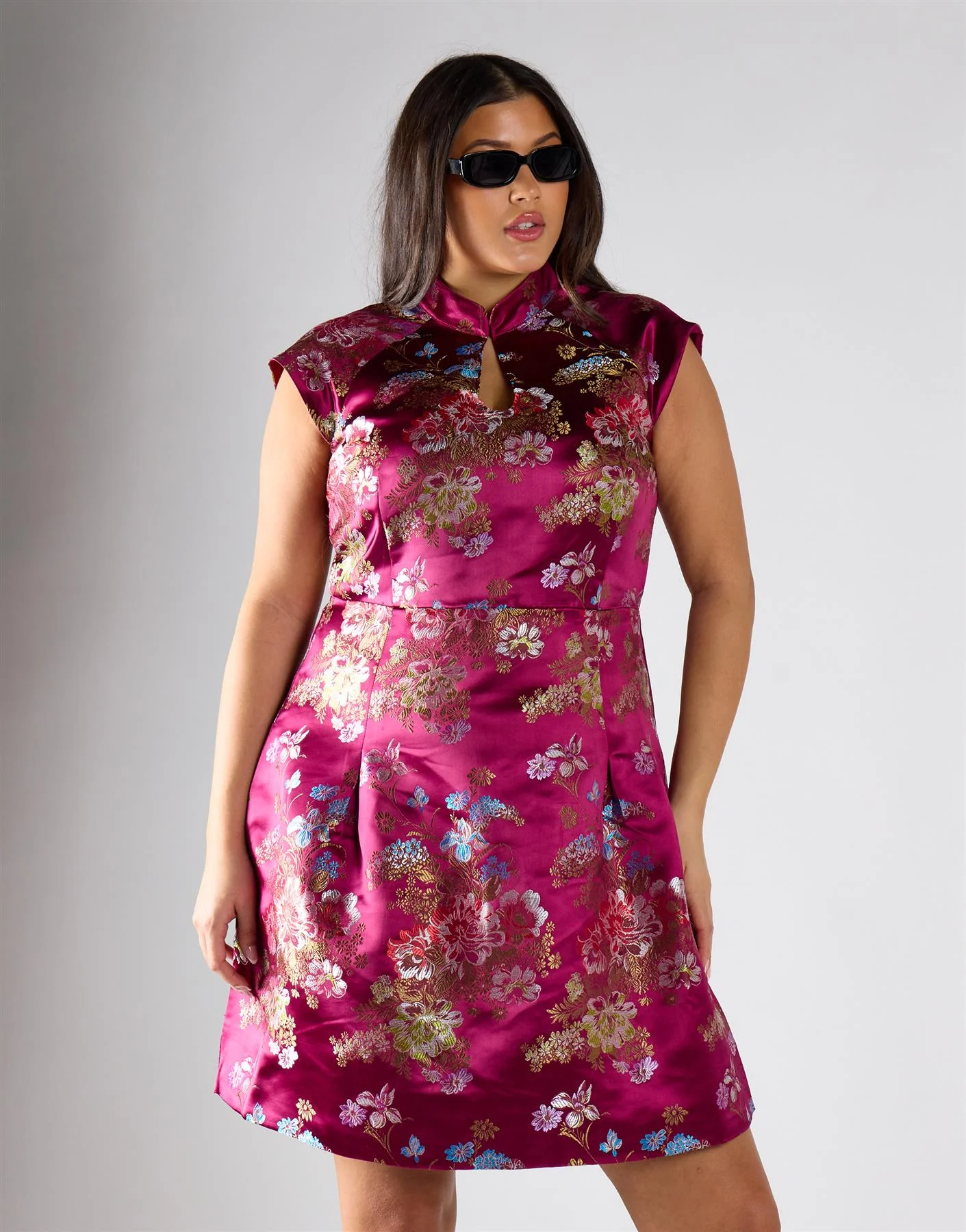 Wine Brocade Pleated Skirt Mini Dress - Image 4