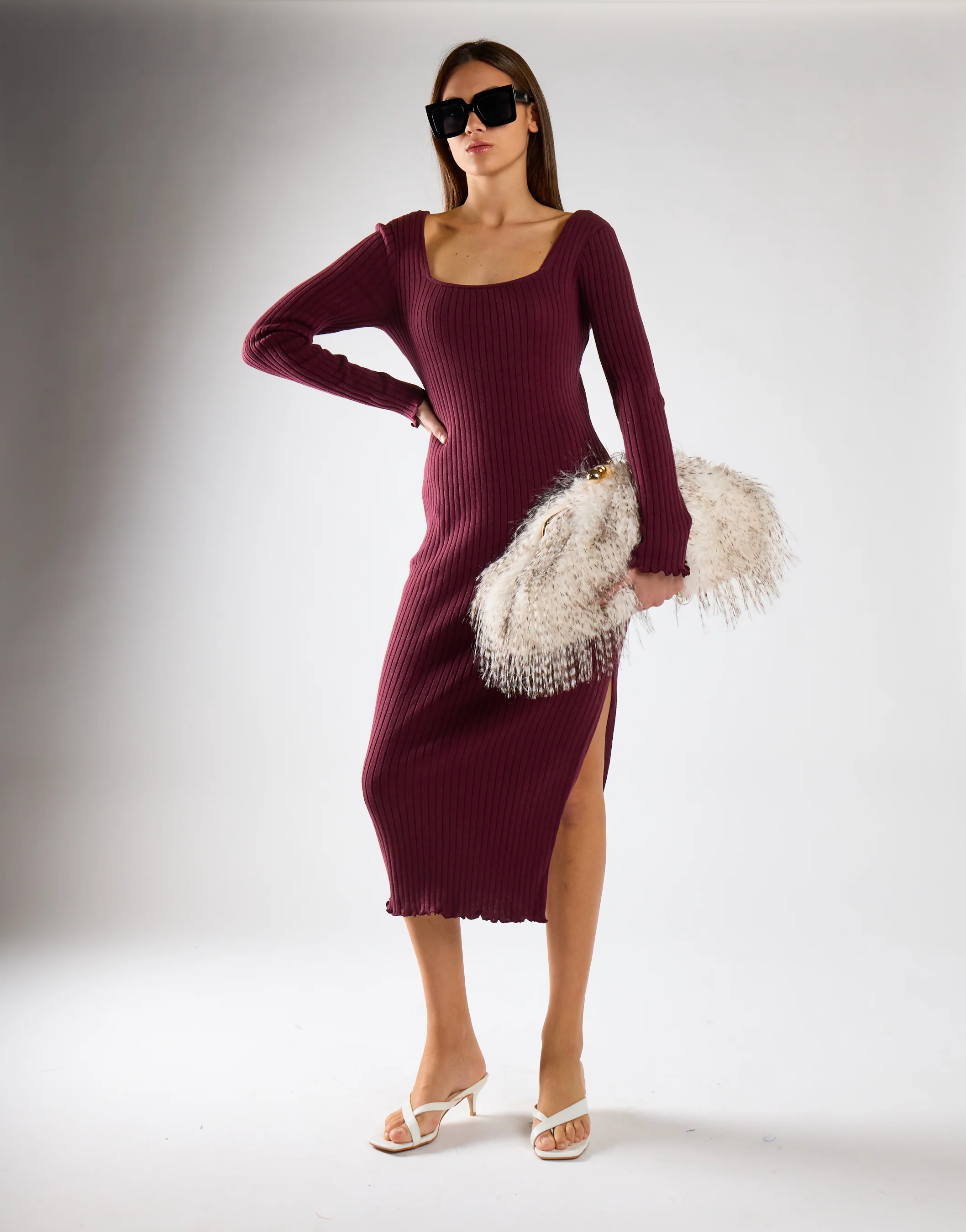 Wine Square-Neck Knitted Midi Dress