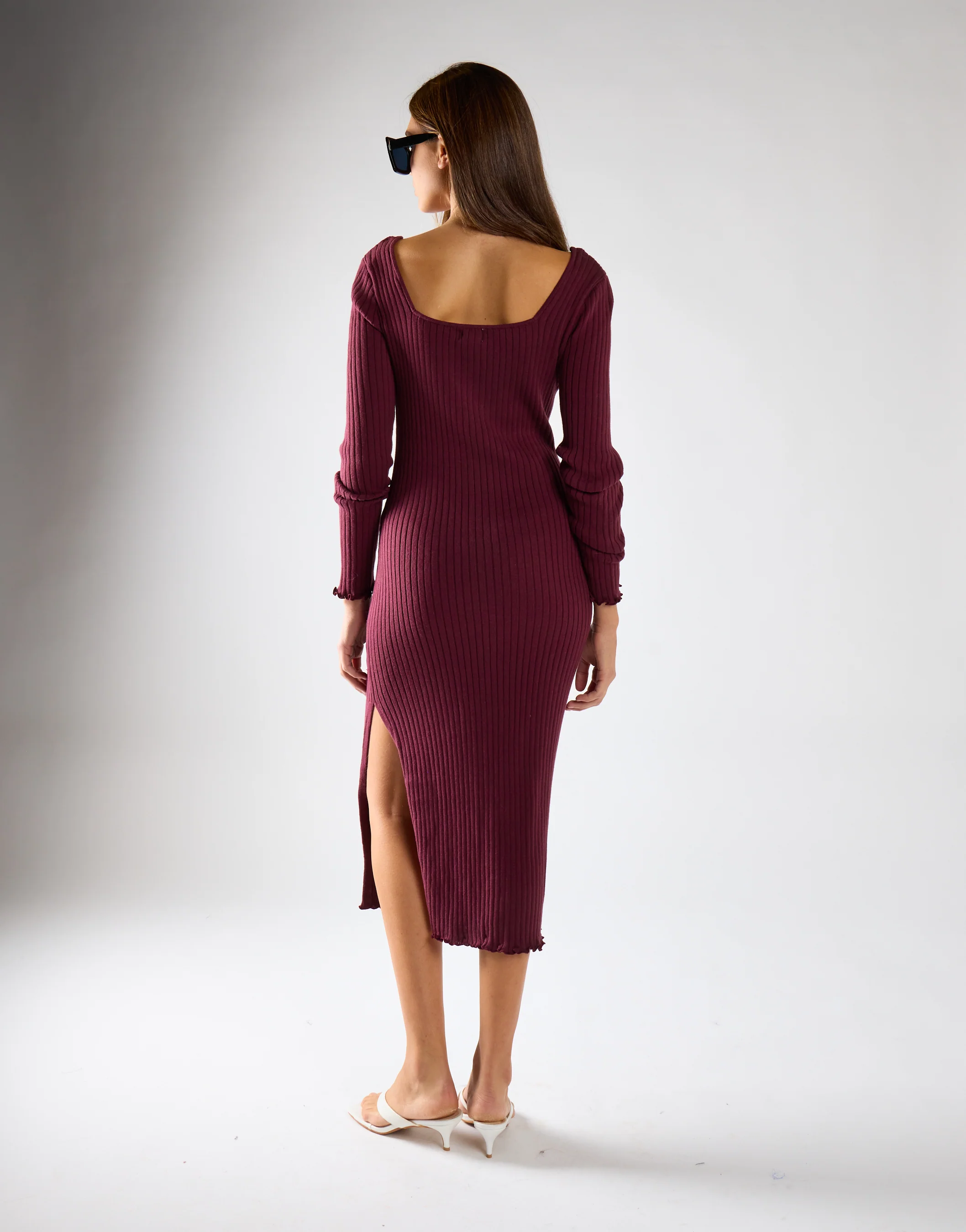 Wine Square-Neck Knitted Midi Dress - Image 2