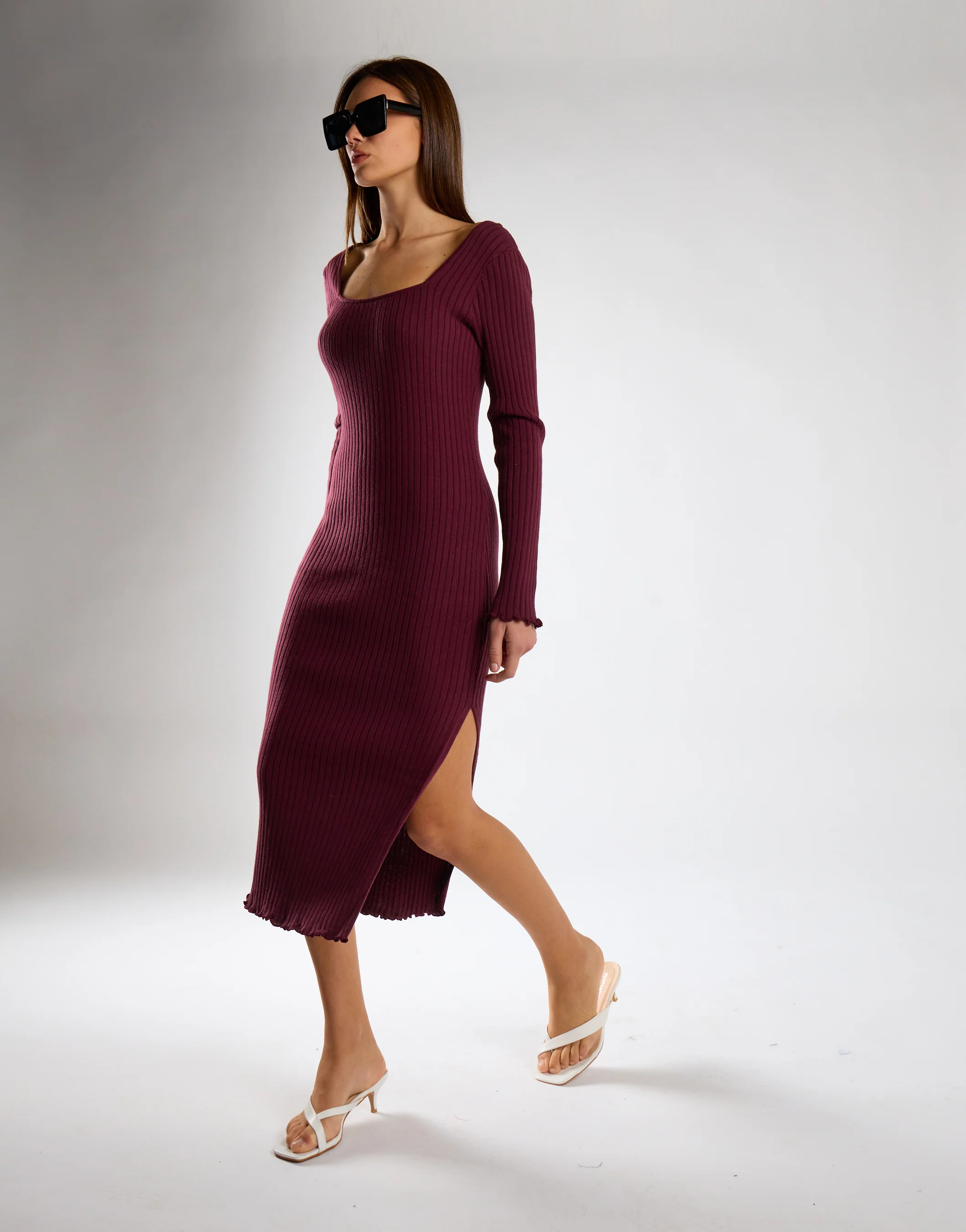Wine Square-Neck Knitted Midi Dress - Image 3