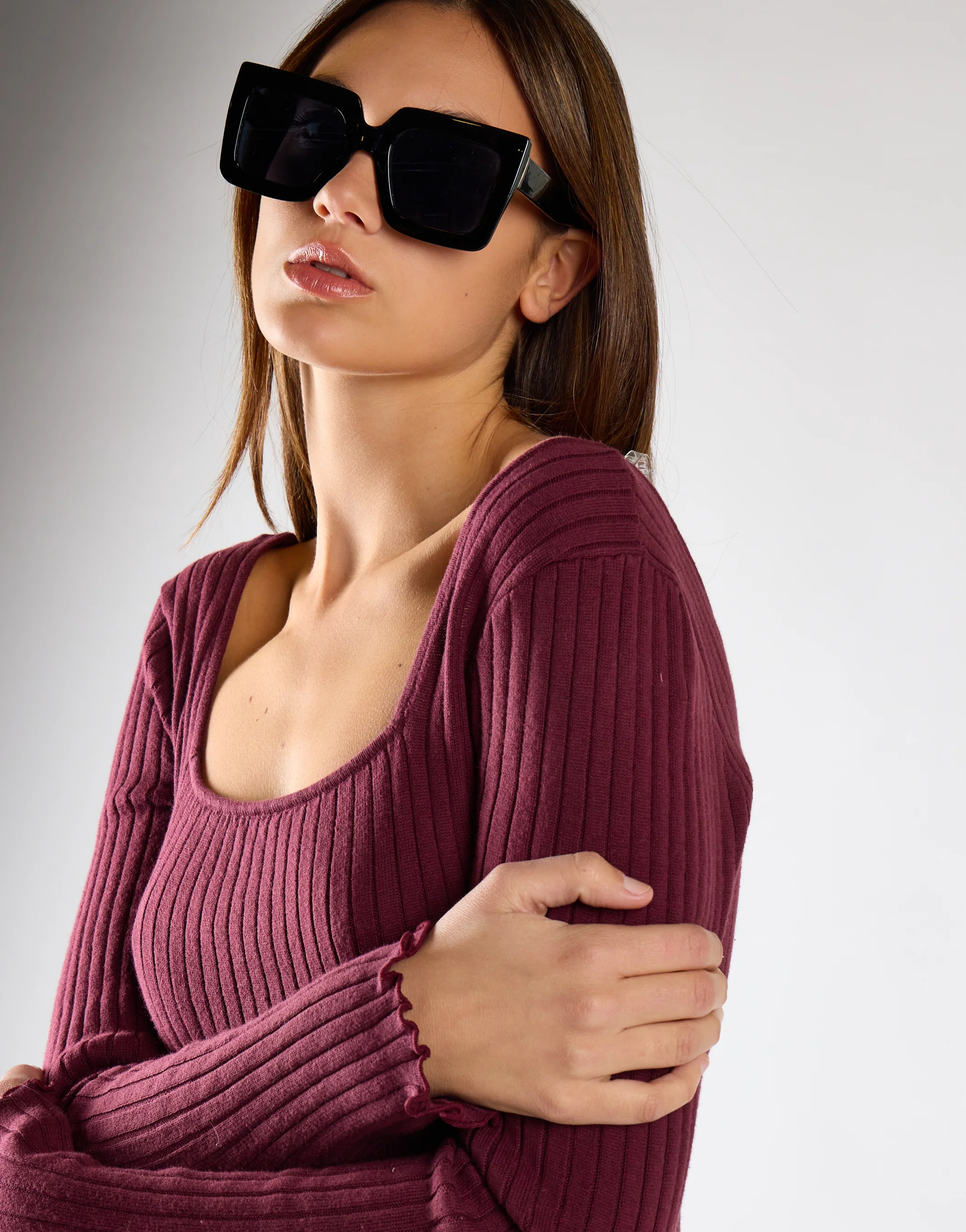 Wine Square-Neck Knitted Midi Dress - Image 4