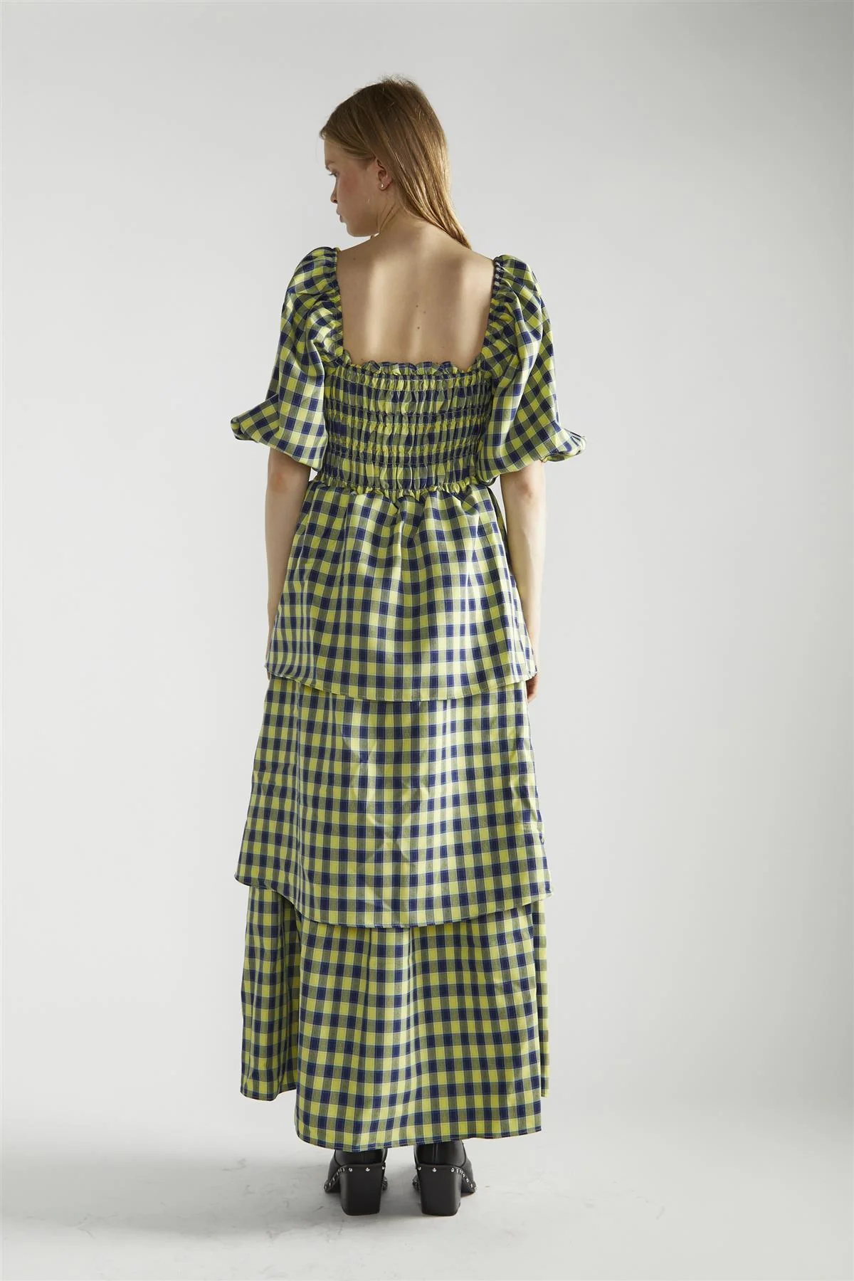 Yellow-Blue Check Tiered Maxi-Dress - Image 2