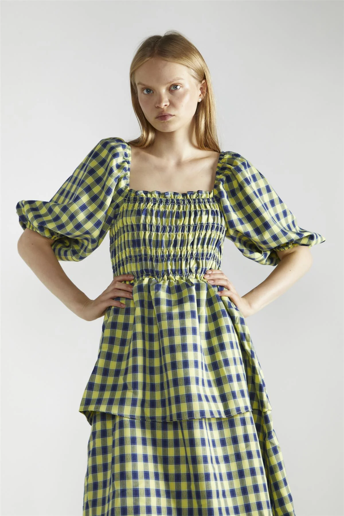 Yellow-Blue Check Tiered Maxi-Dress - Image 3