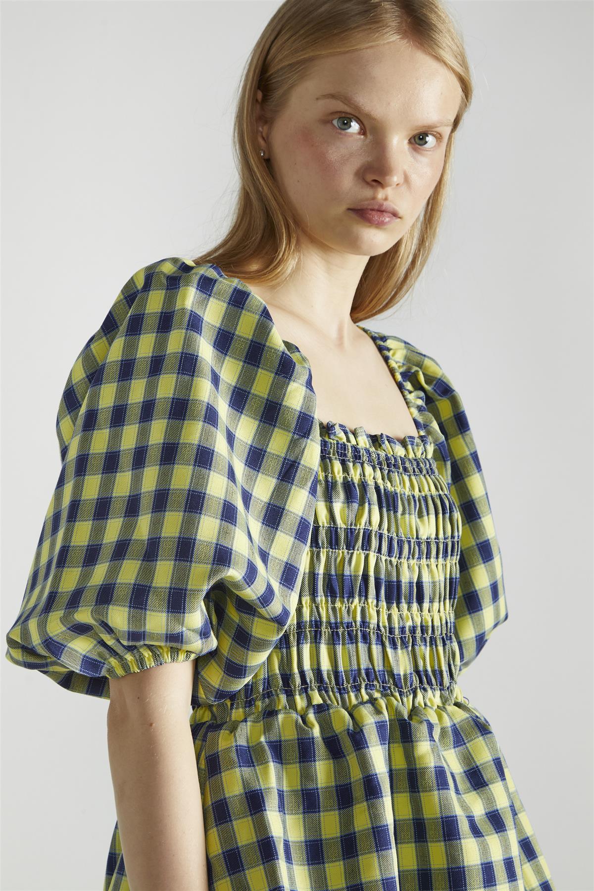 Yellow-Blue Check Tiered Maxi-Dress - Image 4