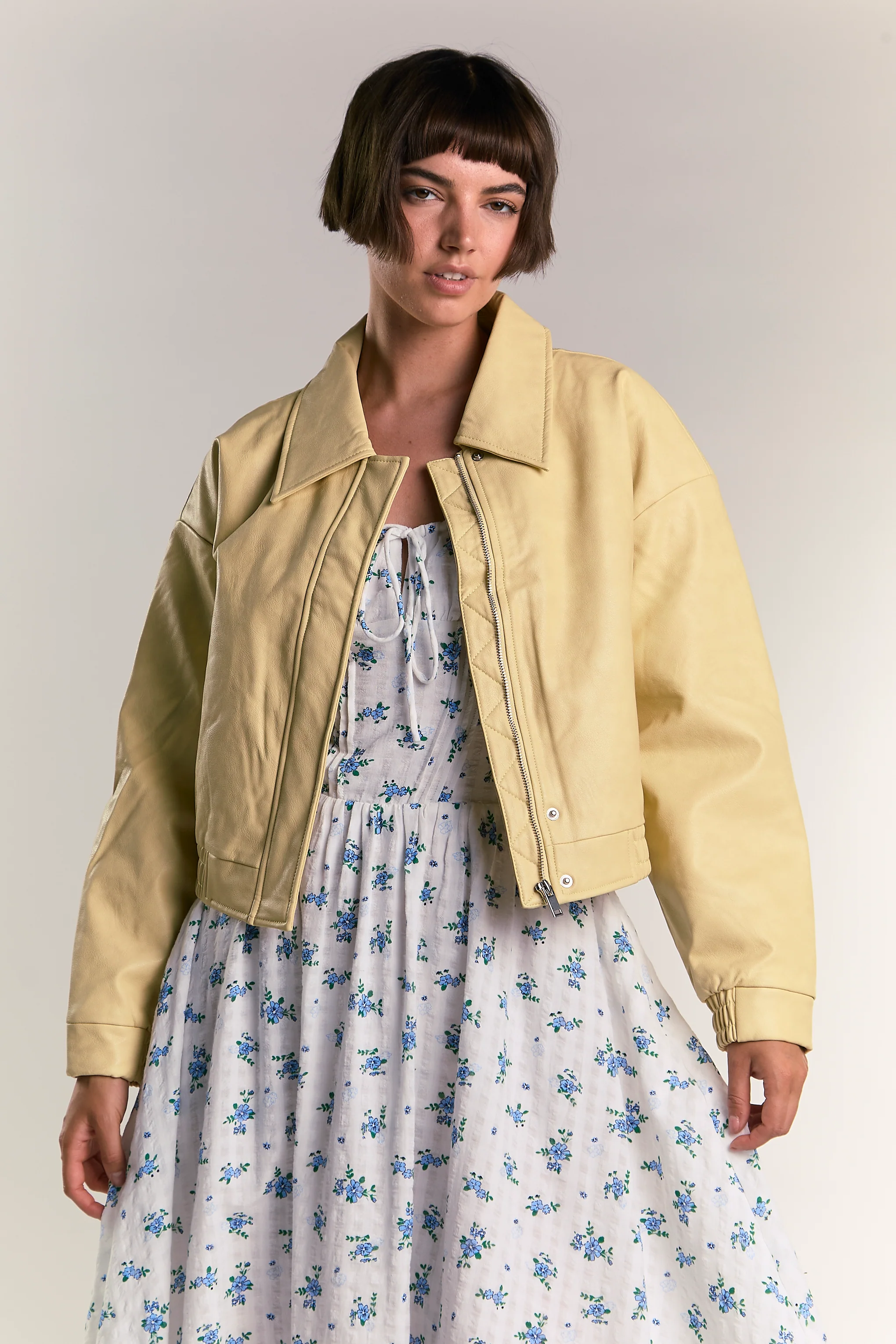 Yellow Cropped Faux Leather Jacket - Image 3