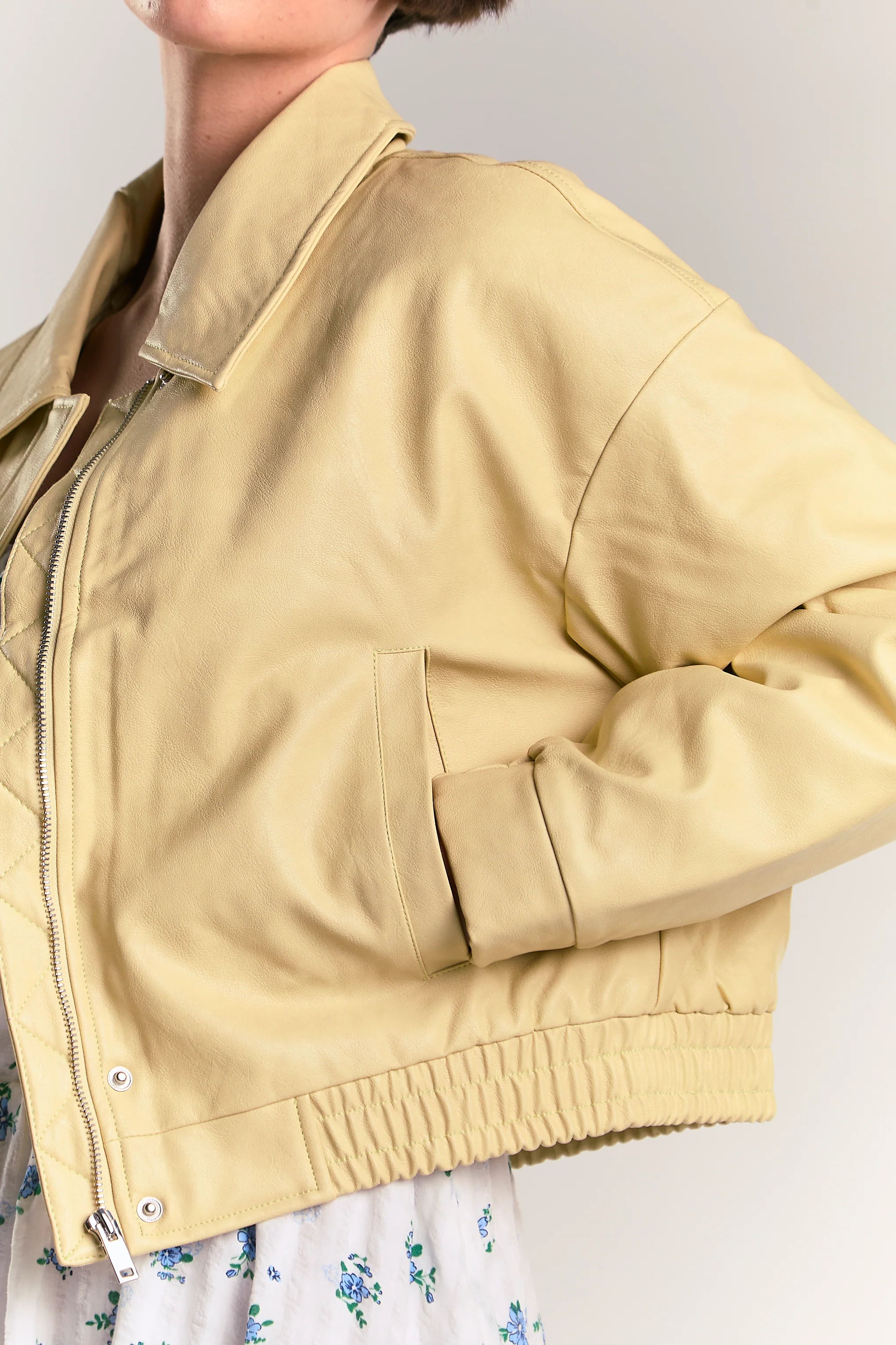 Yellow Cropped Faux Leather Jacket - Image 4