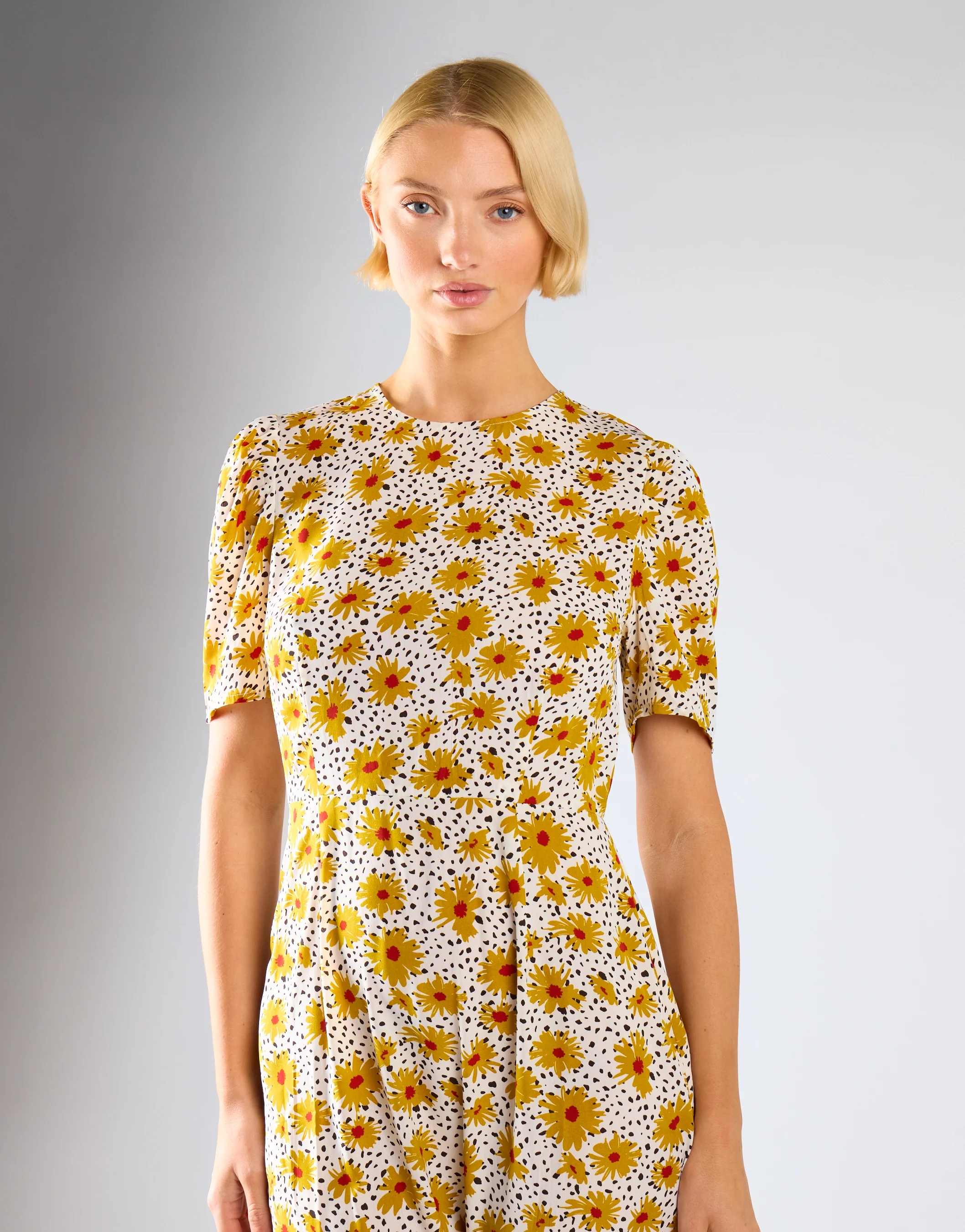 Yellow-Floral-Black-Dot Short-Sleeve Midi-Dress - Image 3