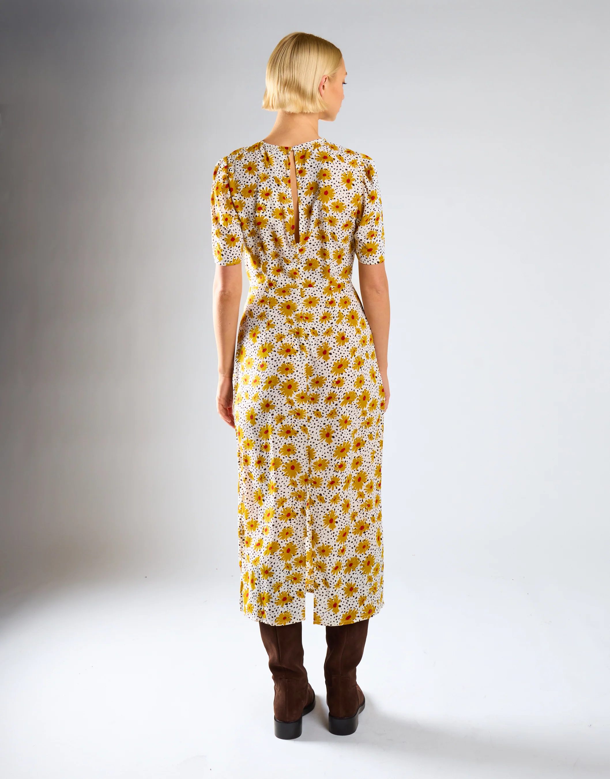 Yellow-Floral-Black-Dot Short-Sleeve Midi-Dress - Image 4