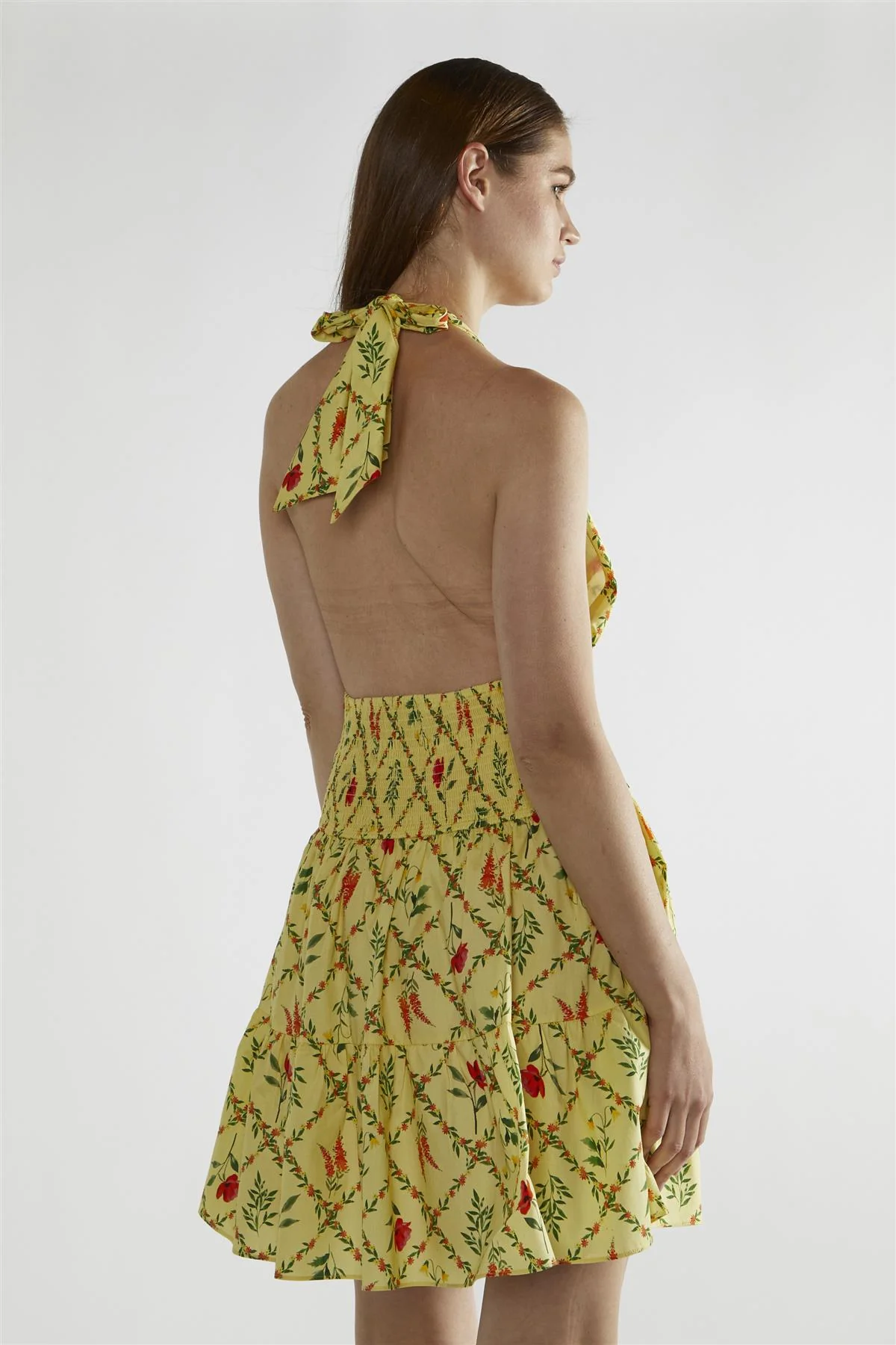 Yellow Floral-Lattice Halter-Neck Mini-Dress - Image 2
