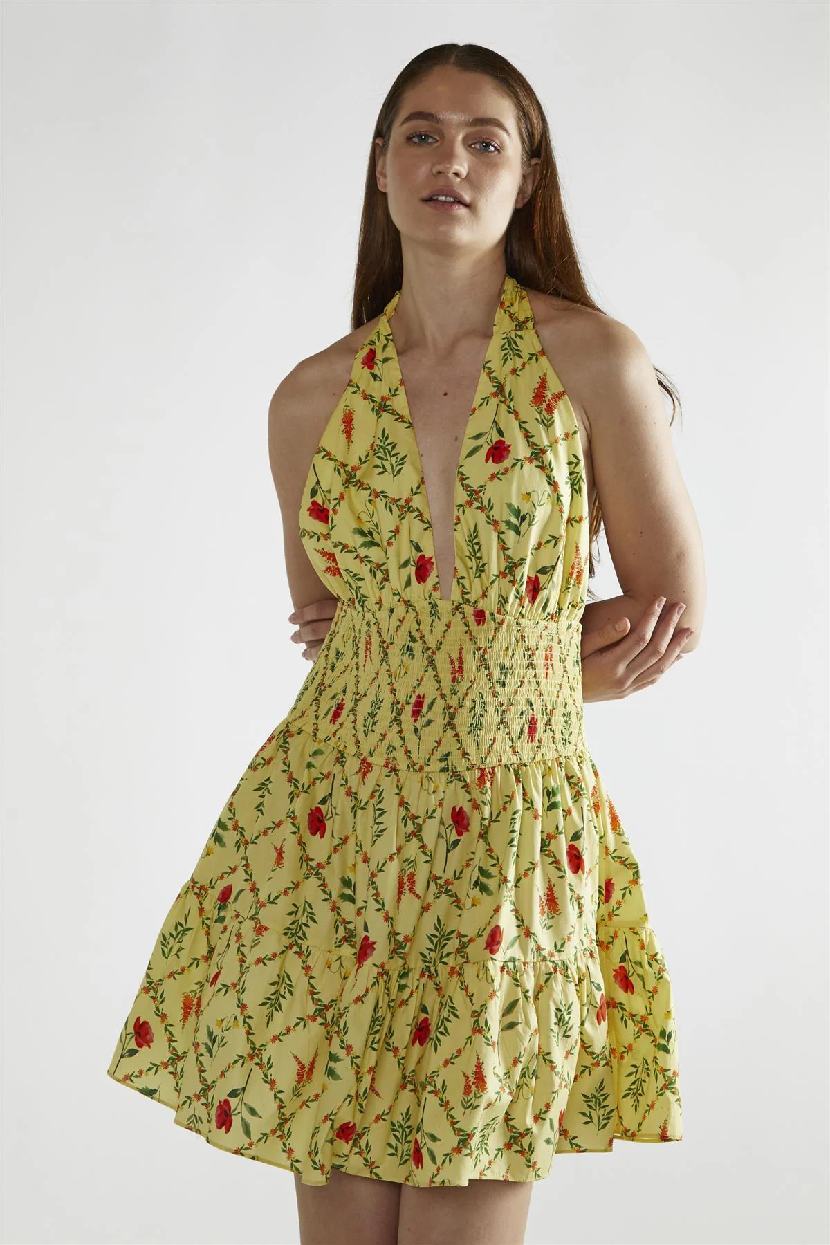 Yellow Floral-Lattice Halter-Neck Mini-Dress - Image 3