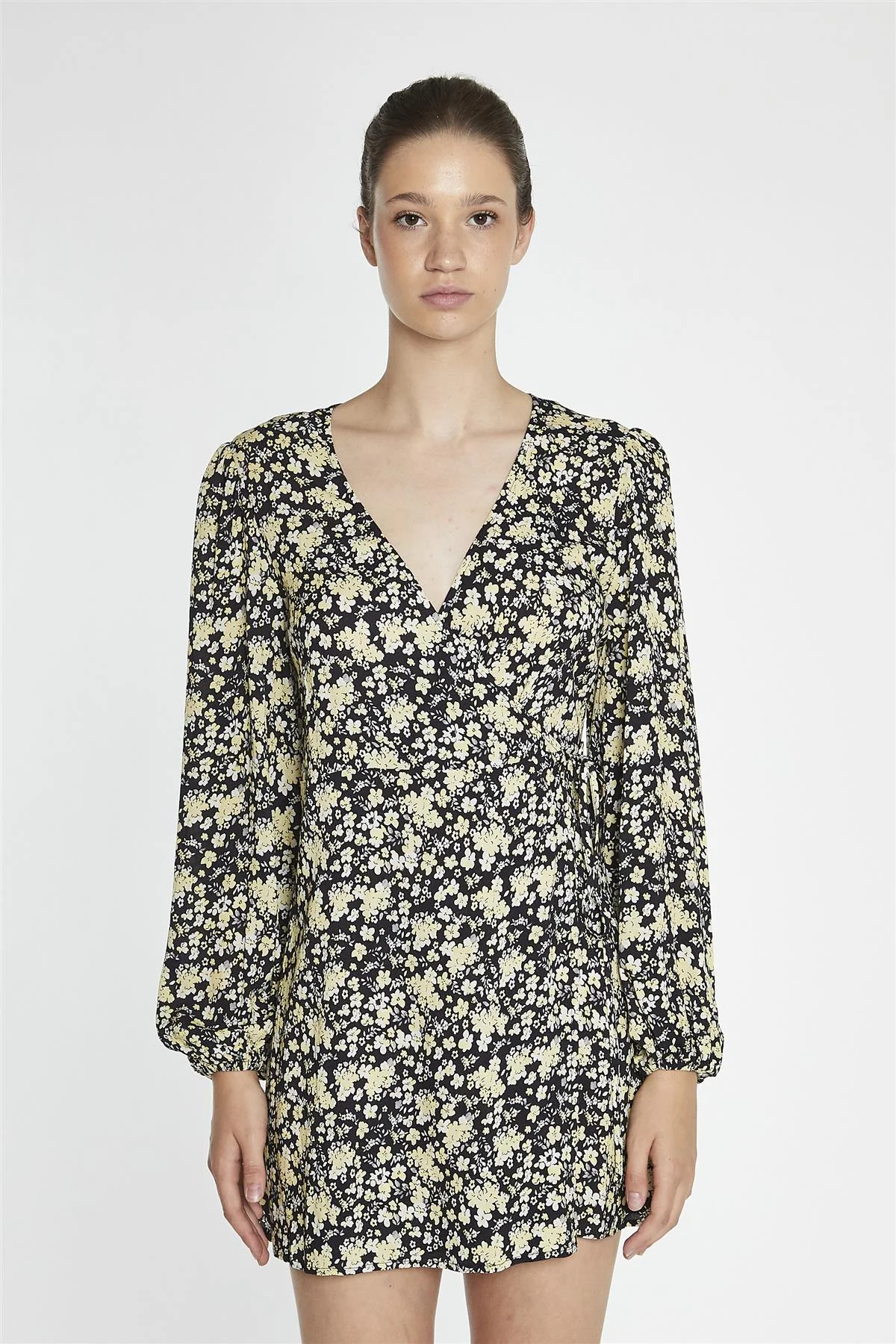 Yellow-Folk Floral Wrap Mini-Dress - Image 3