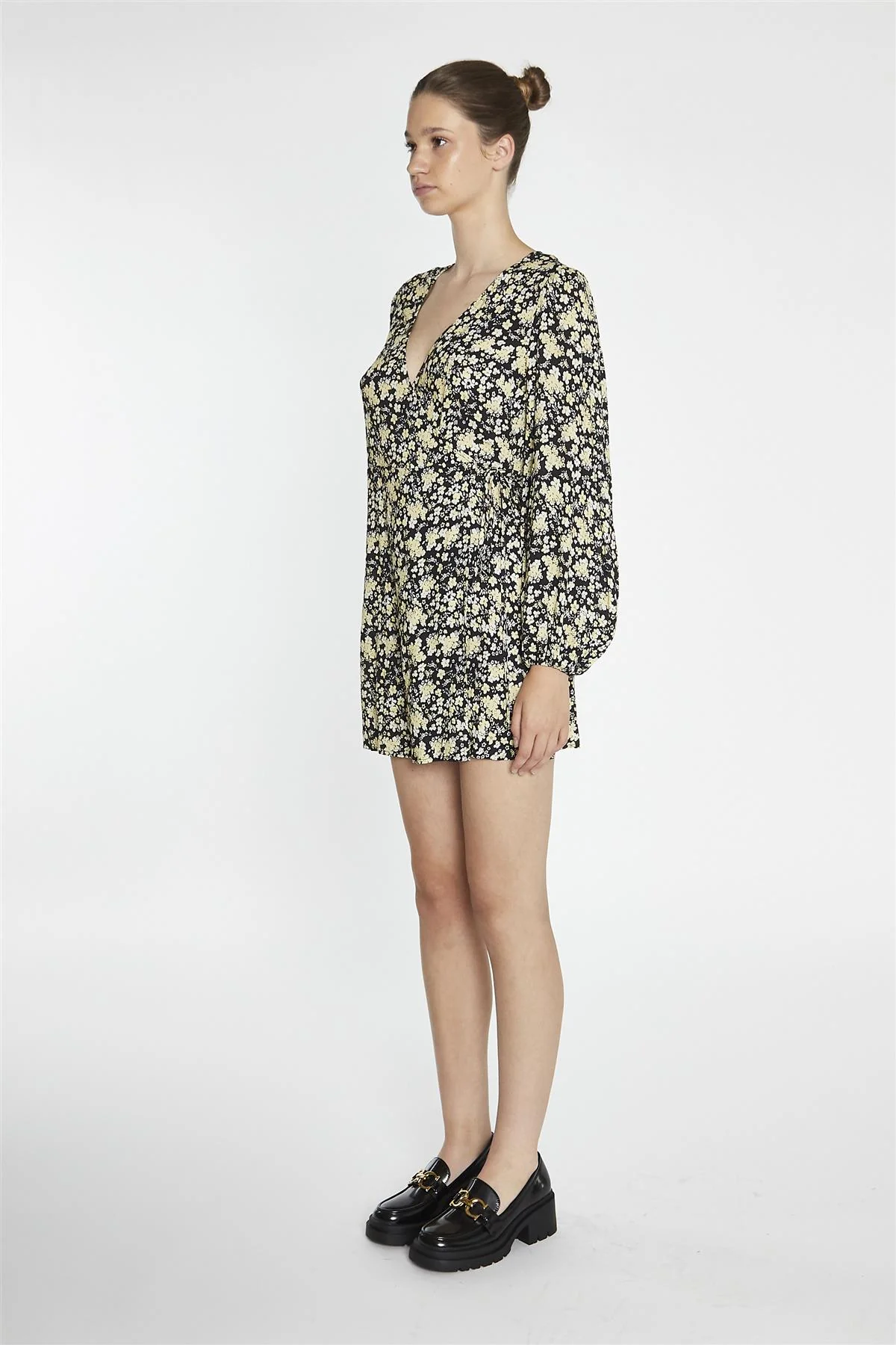 Yellow-Folk Floral Wrap Mini-Dress - Image 4