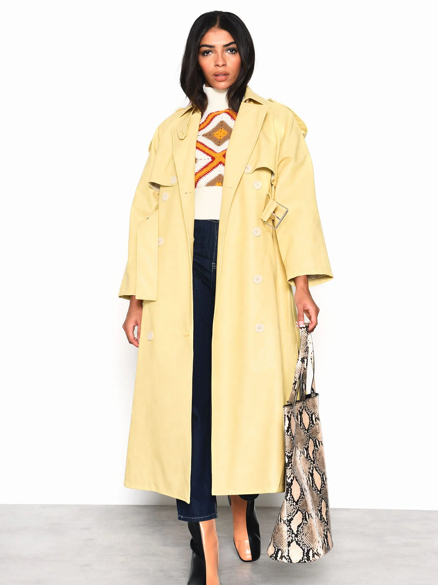 Glamorous Yellow Faux Leather Longline Trench Coat - Image 3