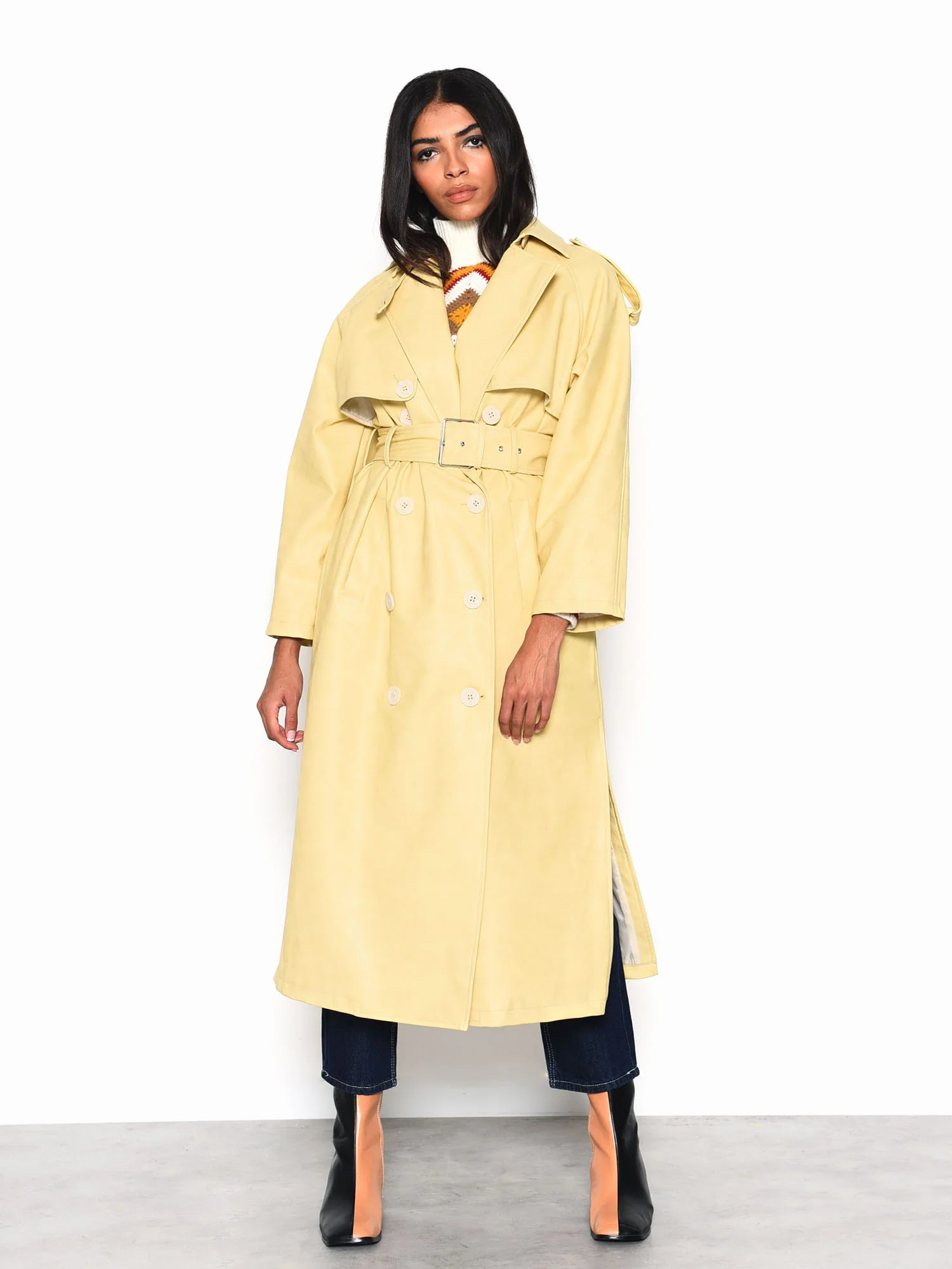 Glamorous Yellow Faux Leather Longline Trench Coat - Image 4