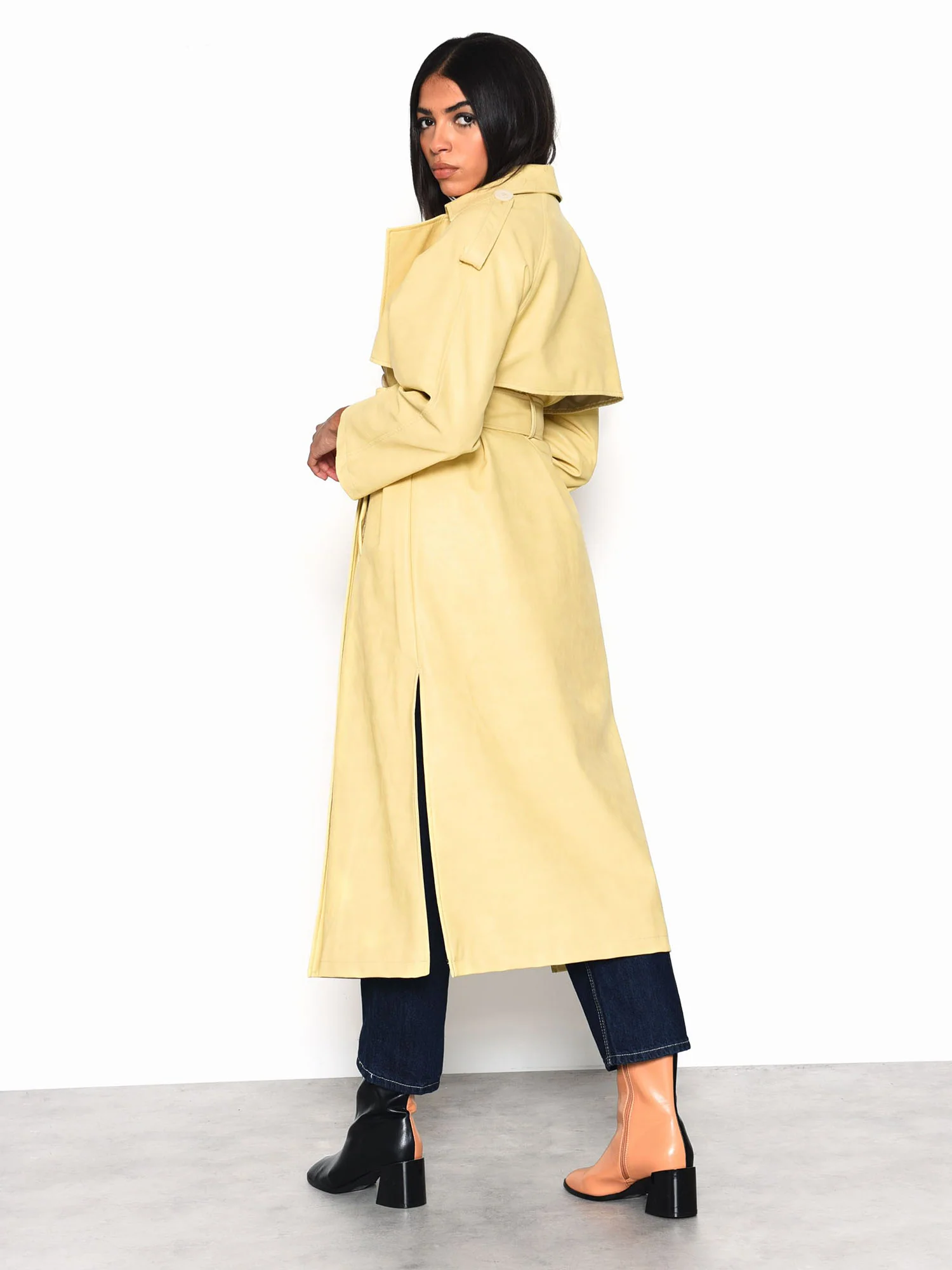 Glamorous Yellow Faux Leather Longline Trench Coat - Image 5