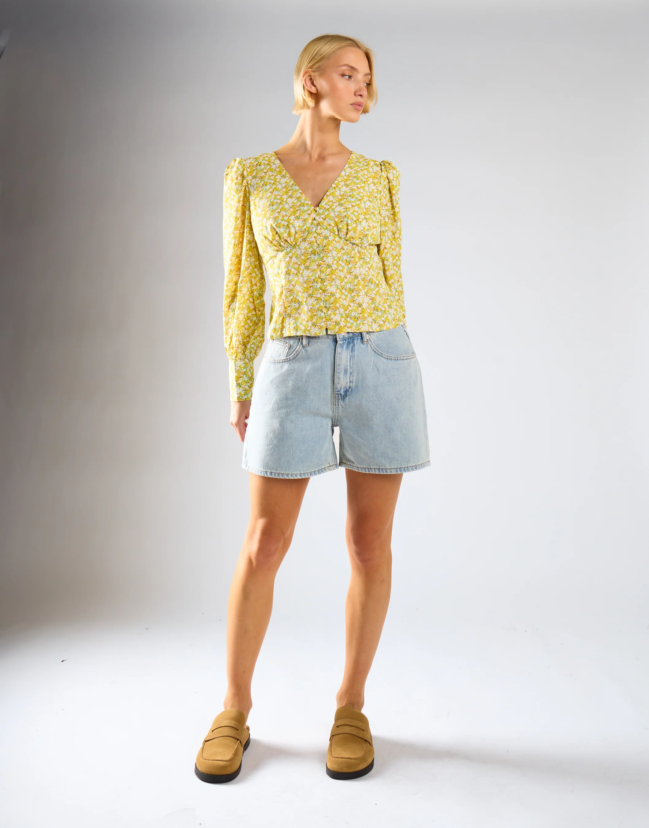 Yellow Mustard Ditsy V-Neck Top