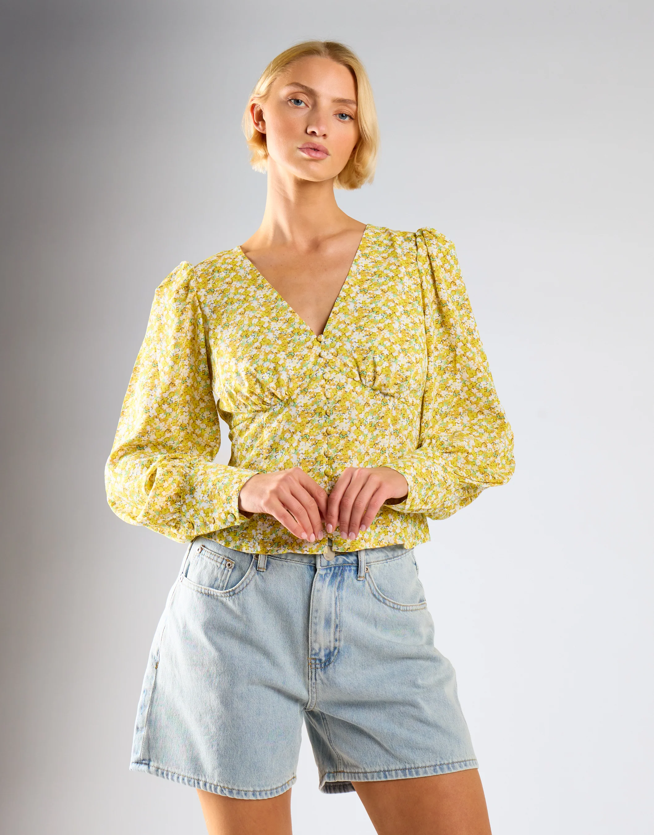 Yellow Mustard Ditsy V-Neck Top - Image 4