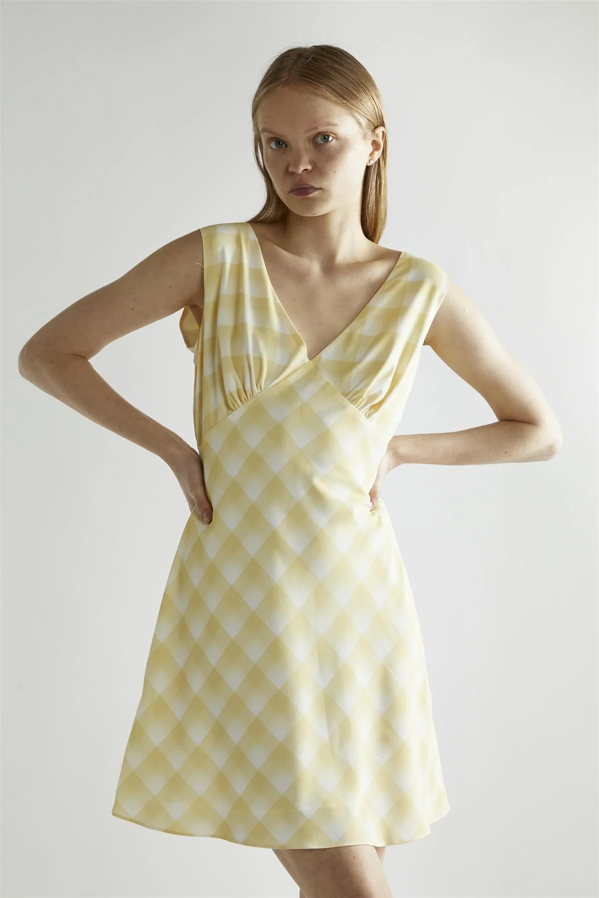 Yellow Ombre Check V-neck Mini-Dress - Image 3