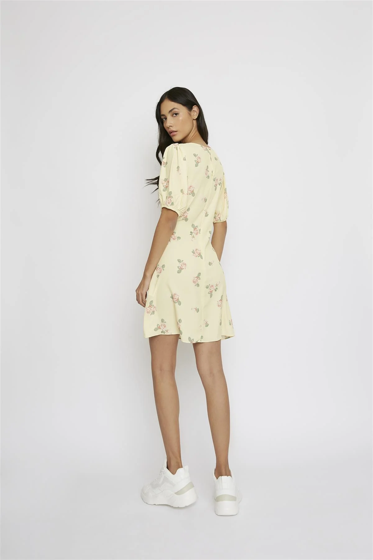 Yellow-Pink-Rose Short-Puff-Sleeve-Front-Knot Mini-Dress - Image 2