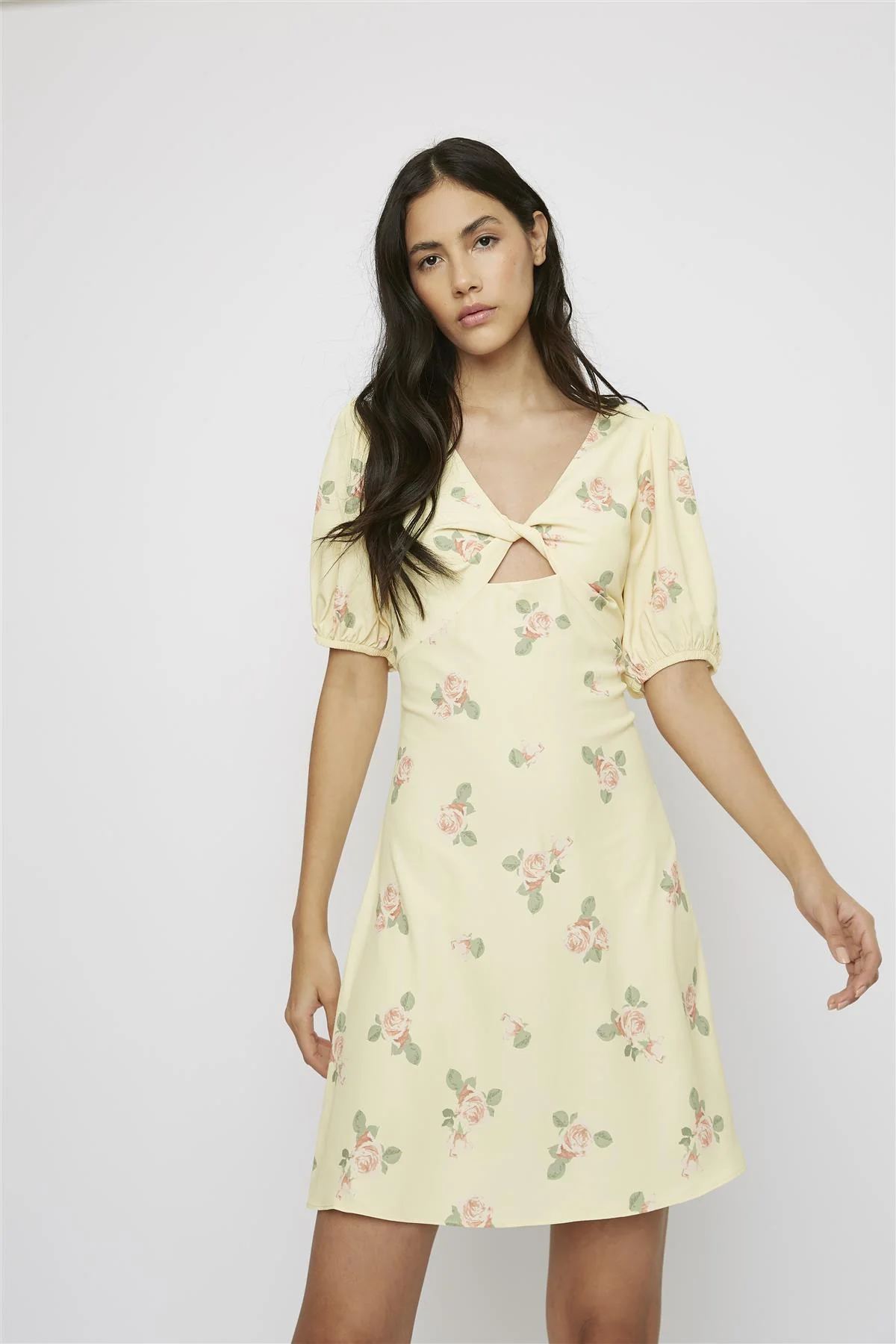 Yellow-Pink-Rose Short-Puff-Sleeve-Front-Knot Mini-Dress - Image 3