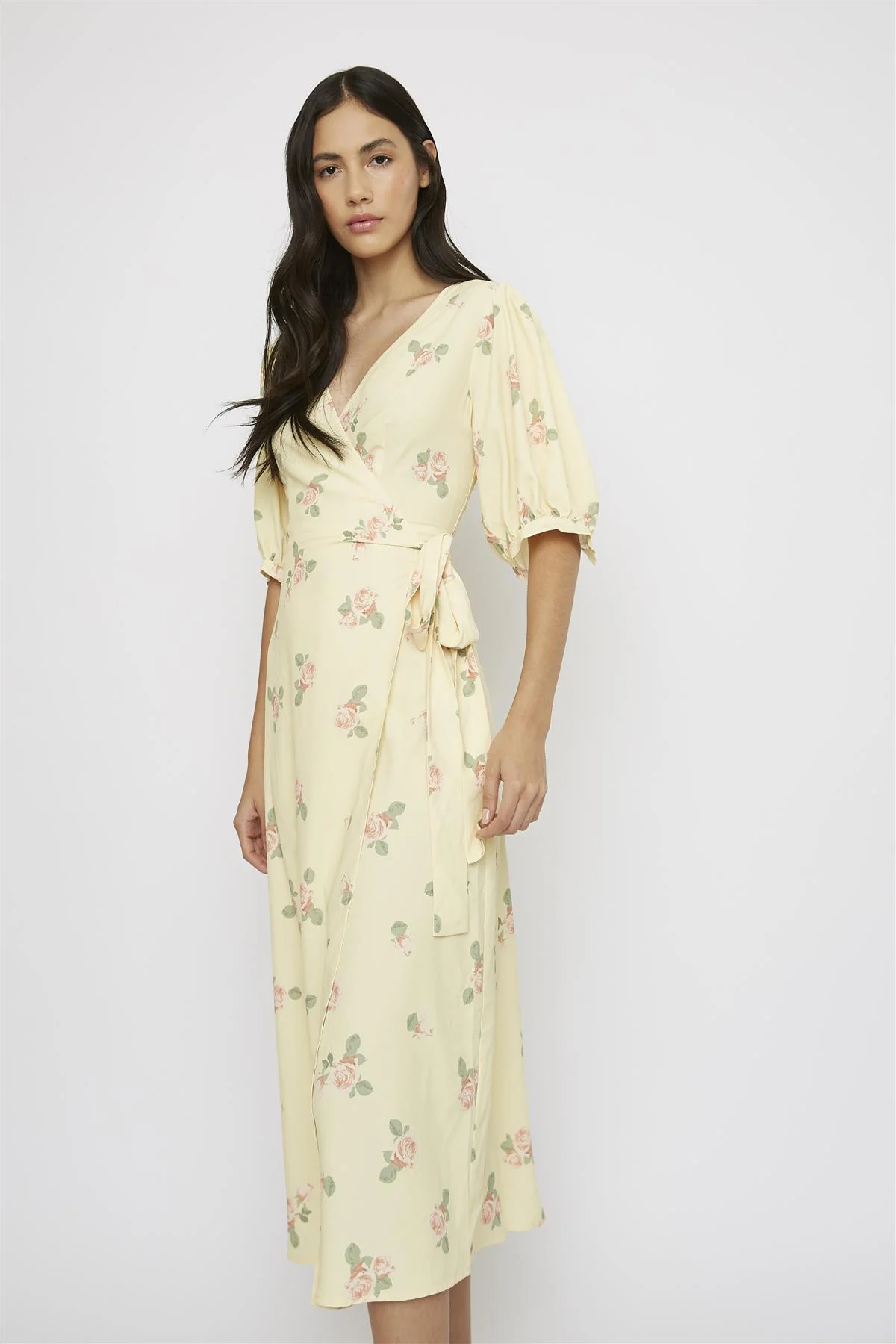 Yellow-Pink-Rose V-Neck-Wrap Midi-Dress - Image 2