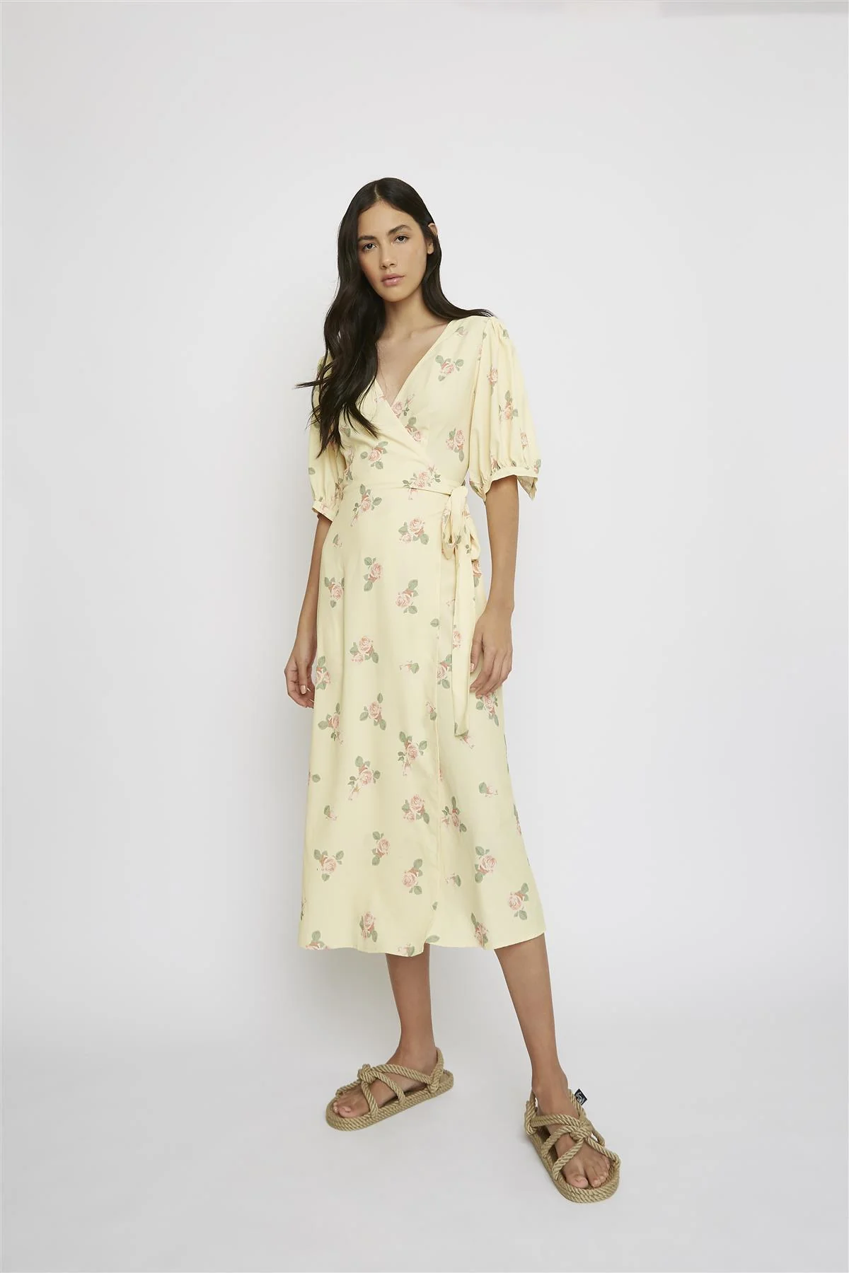 Yellow-Pink-Rose V-Neck-Wrap Midi-Dress - Image 3