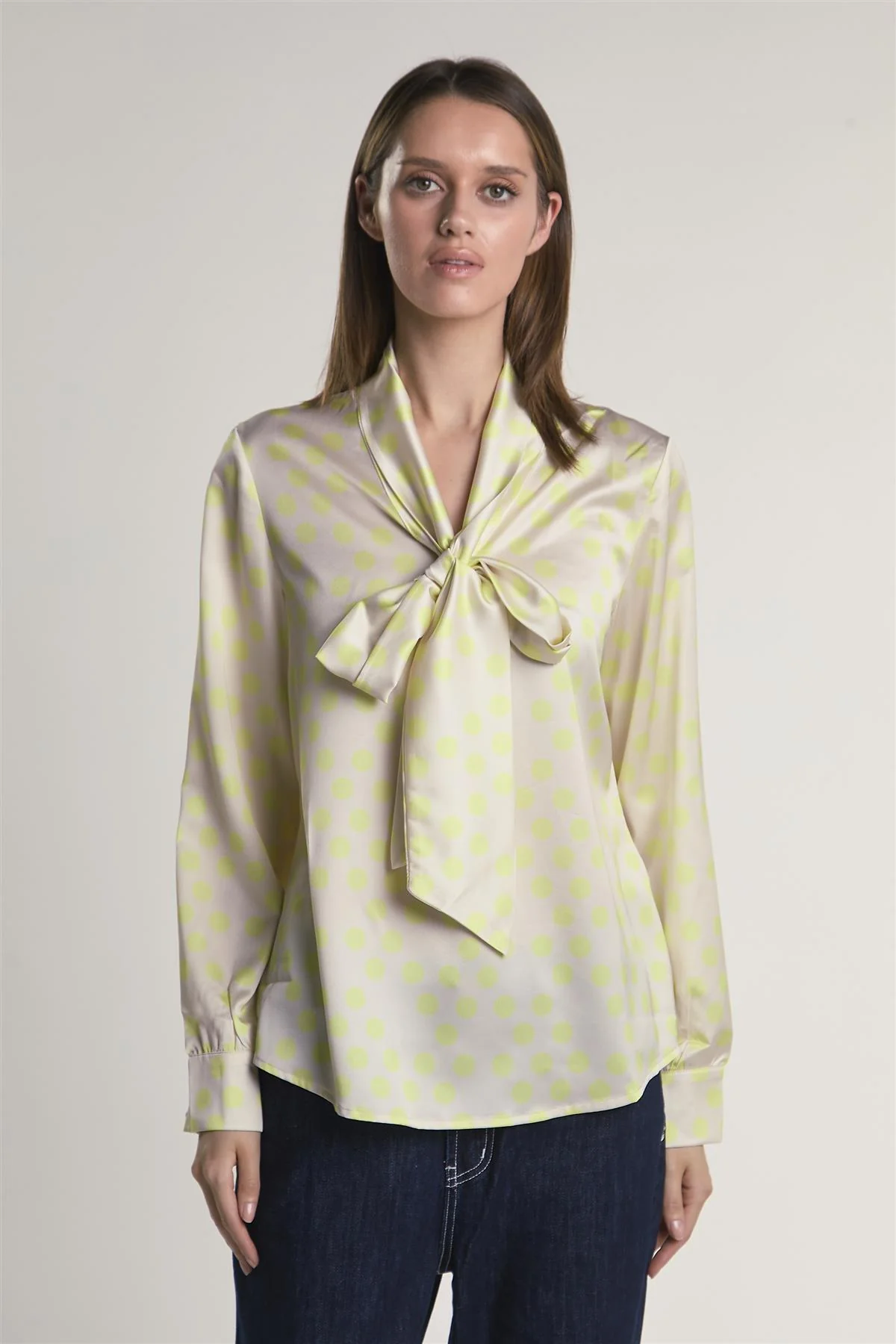 Yellow-Polka-Dot Front-Tie Long-Sleeve-Top - Image 3