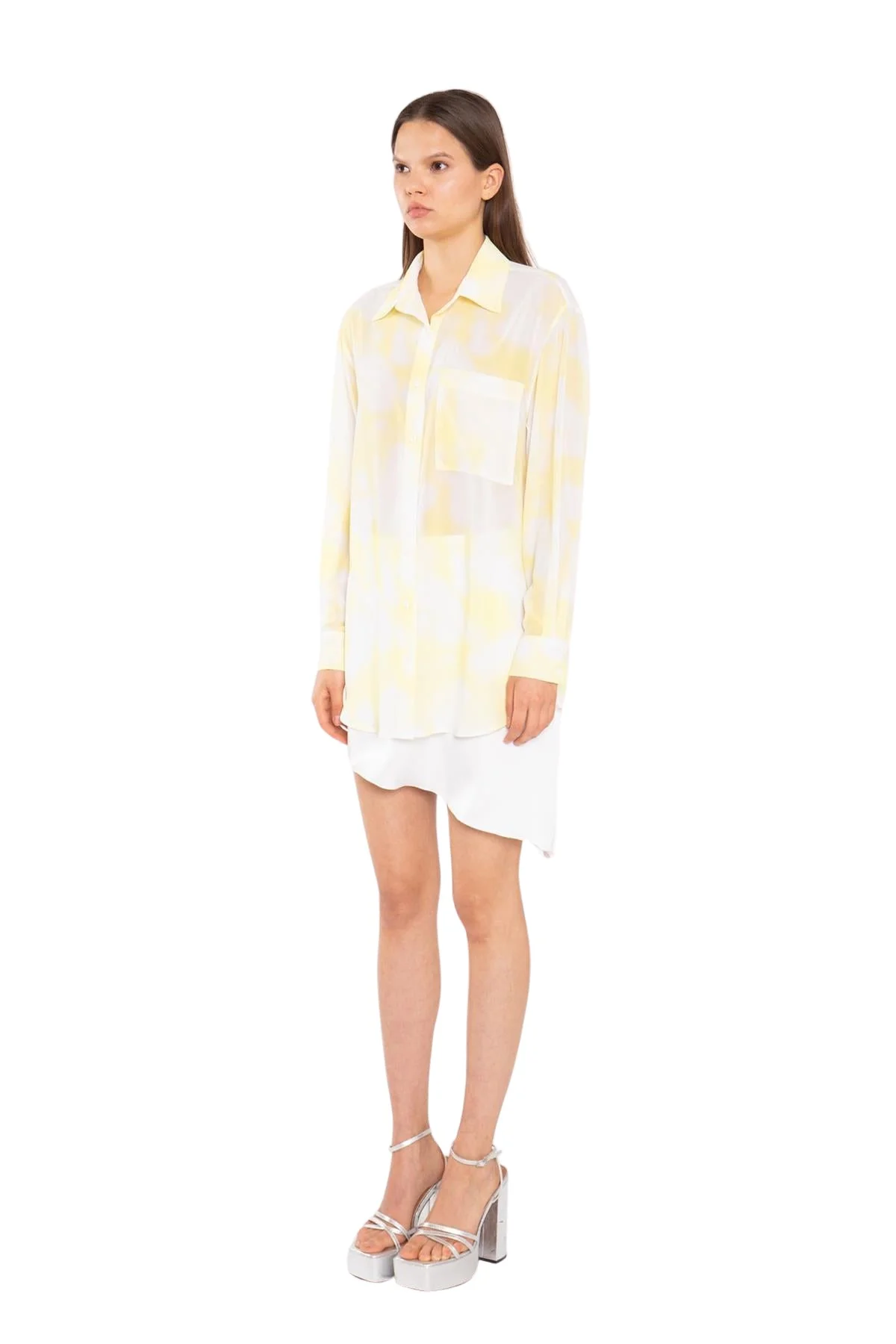 Yellow Print-Chiffon Button Down Classic-Shirt - Image 4