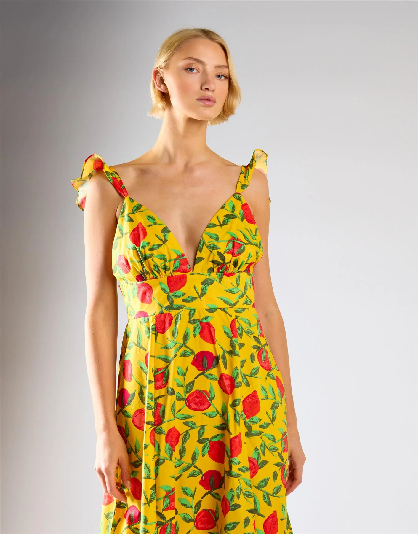 Yellow Red Fruit Frill Sleeve Midi Dress - Image 4